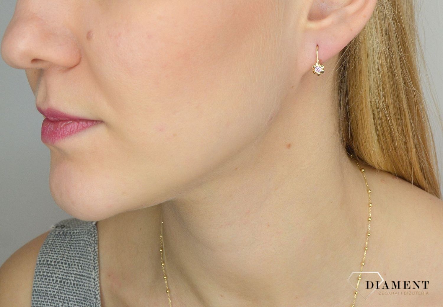 Złote kolczyki dla dziewczynki 585 kwiatki z różową cyrkonią DIA-KLC-2652-585.jpg