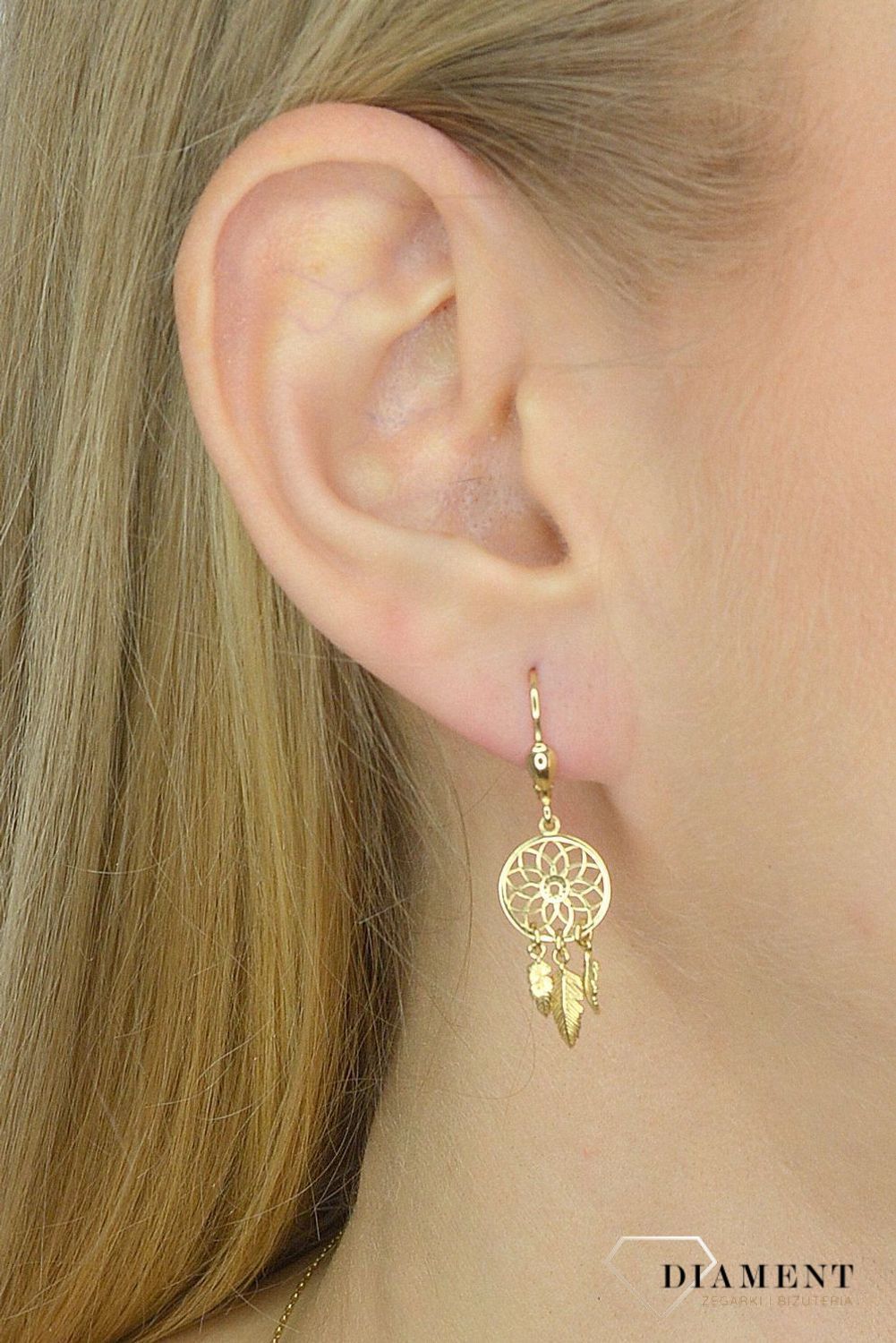 Złote kolczyki 585 wiszące łapacz snów DIA-KLC-2668-585.jpg