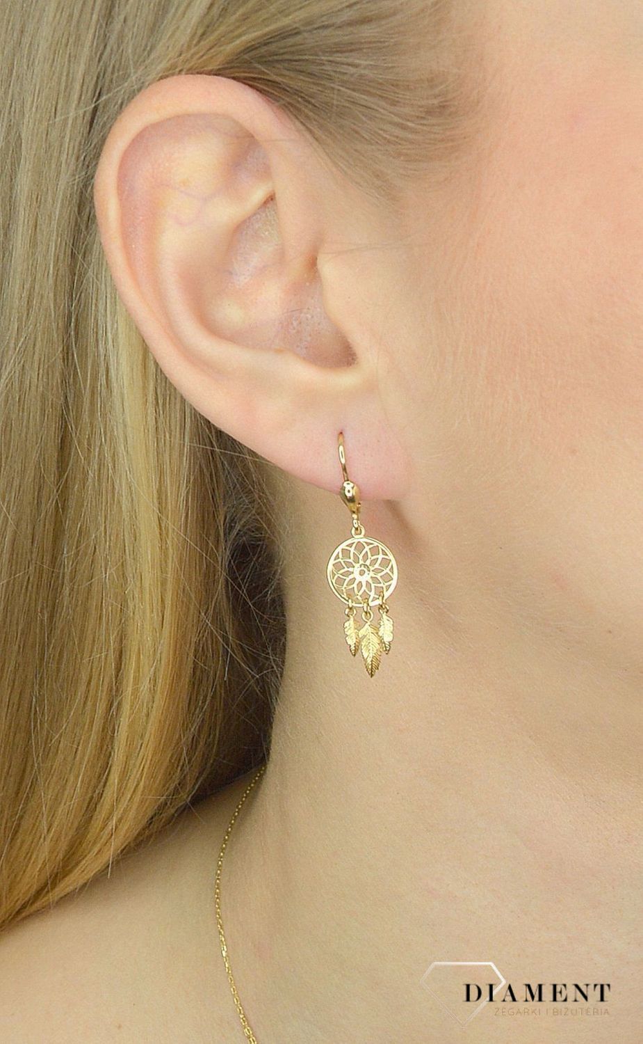 Złote kolczyki 585 wiszące łapacz snów DIA-KLC-2668-585.jpg