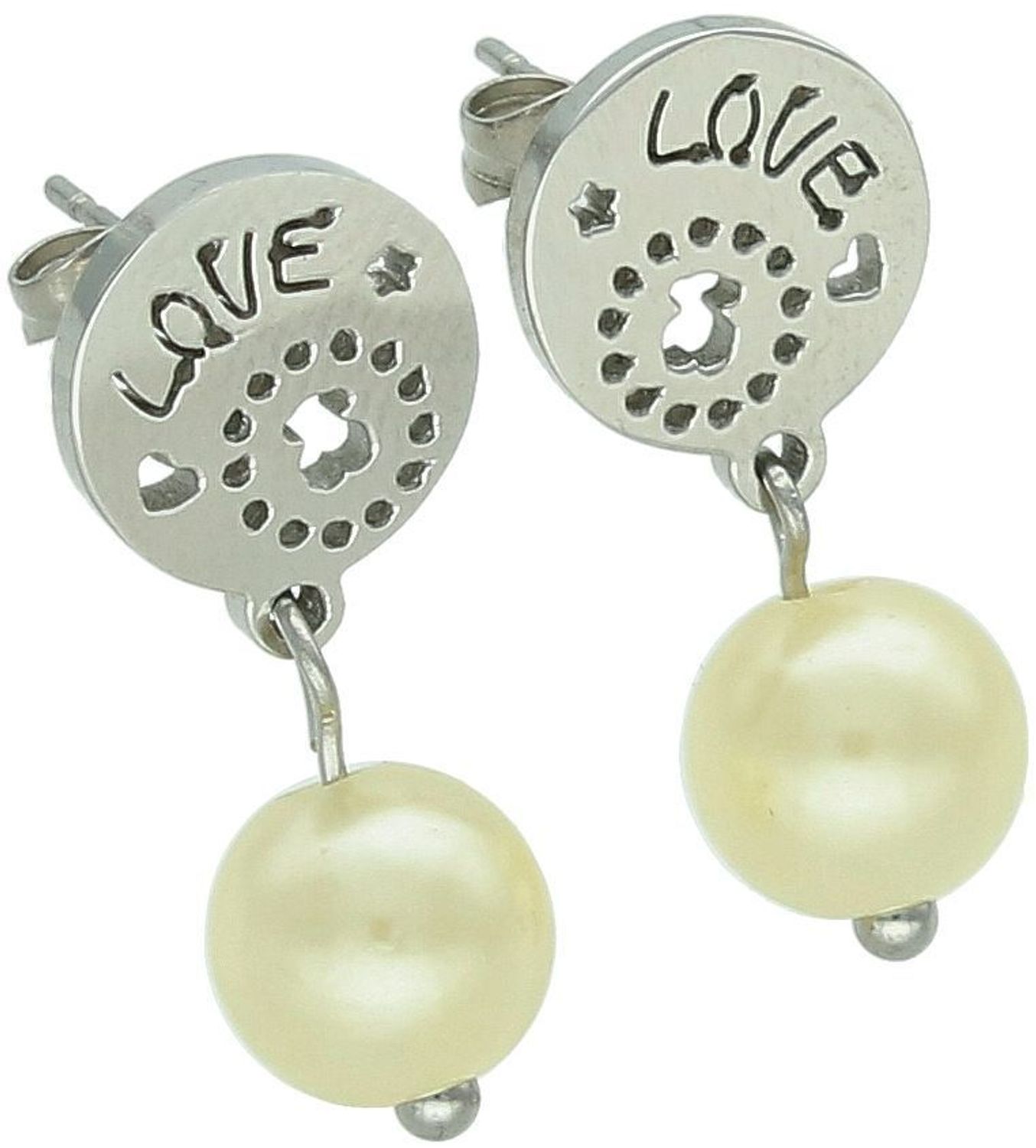 Stylowe kolczyki damskie ze stali nierdzewnej z napisem LOVE i perełką. Zapięcie na sztyft, wymiary 2,1 x 1,0 cm. Model DIA-KLC-2892-STAL – elegancja na co dzień!1.jpg