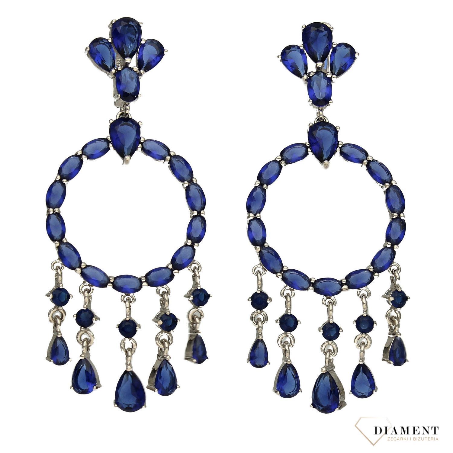 Srebrne kolczyki koła z wiszącymi elementami niebieskie cyrkonie DIA-KLC-3097-925.jpg