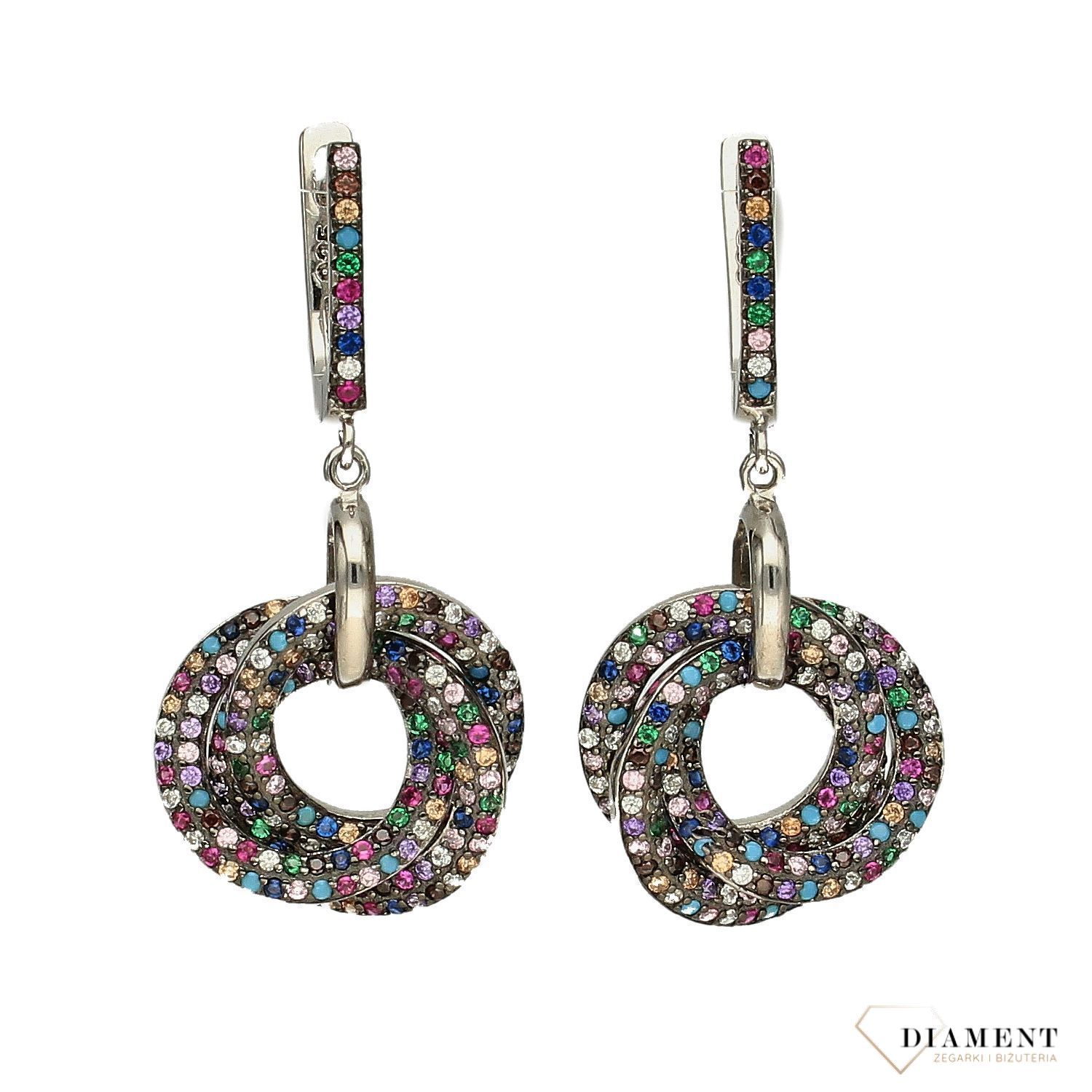 Srebrne wiszące kolczyki złączone kolorowe kółka DIA-KLC-3098-925.jpg