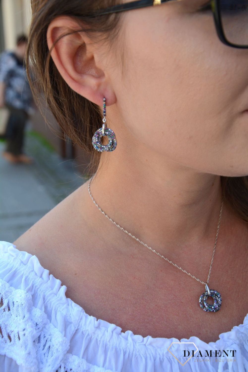 Srebrne wiszące kolczyki złączone kolorowe kółka DIA-KLC-3098-925.jpg