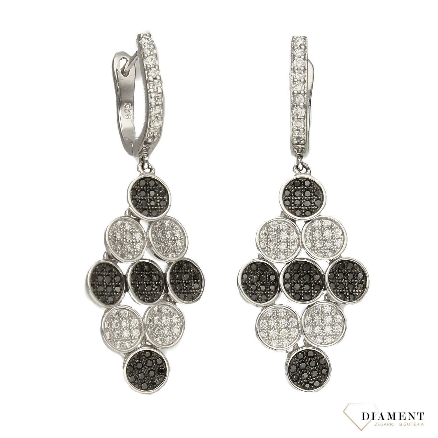 Srebrne kolczyki wiszące rząd czarno-białych cyrkonii DIA-KLC-3101-925.jpg