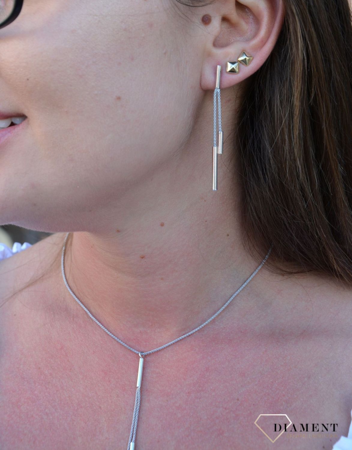 Srebrne wiszące kolczyki dwa łańcuszki z patyczkami.jpg