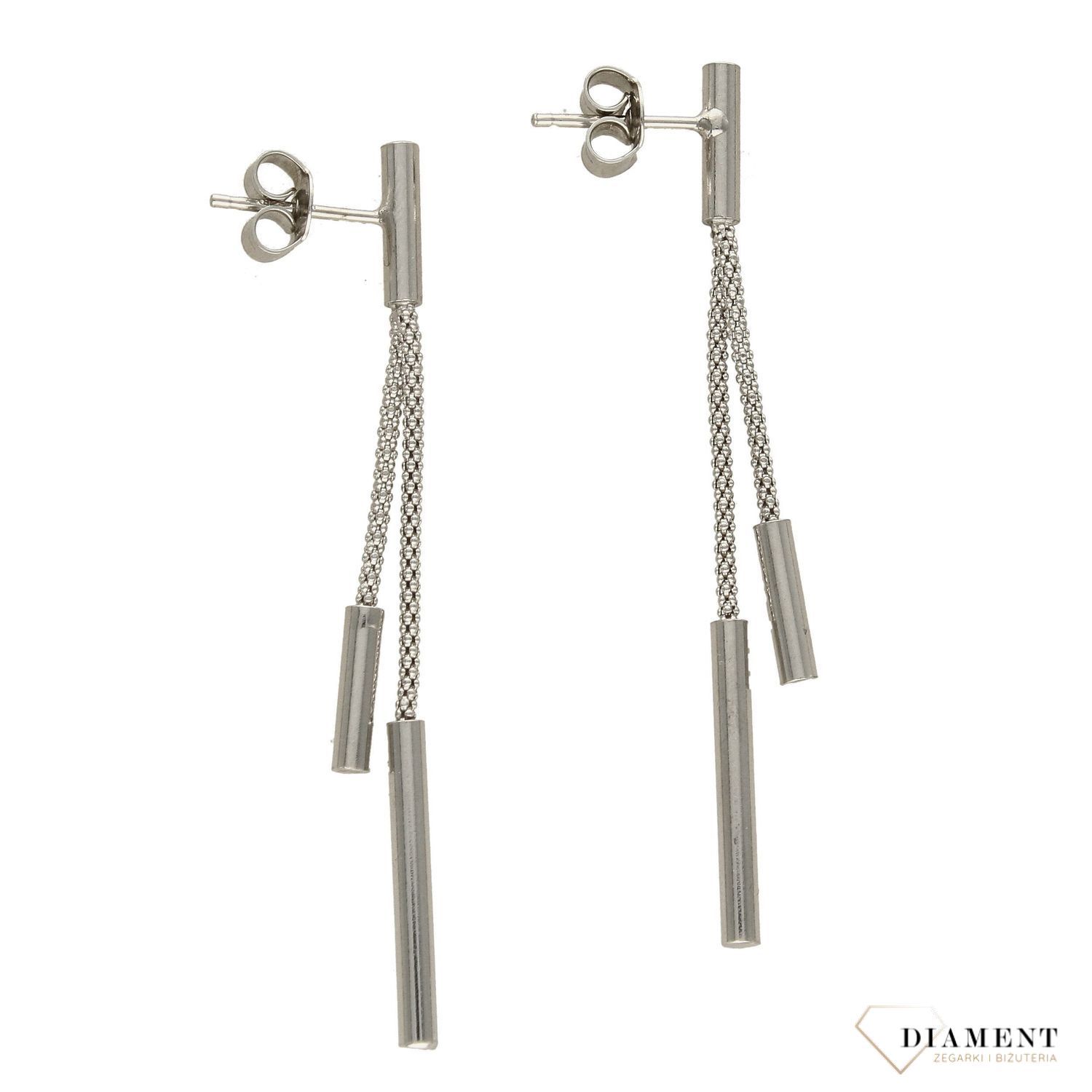 Srebrne wiszące kolczyki dwa łańcuszki z patyczkami.jpg