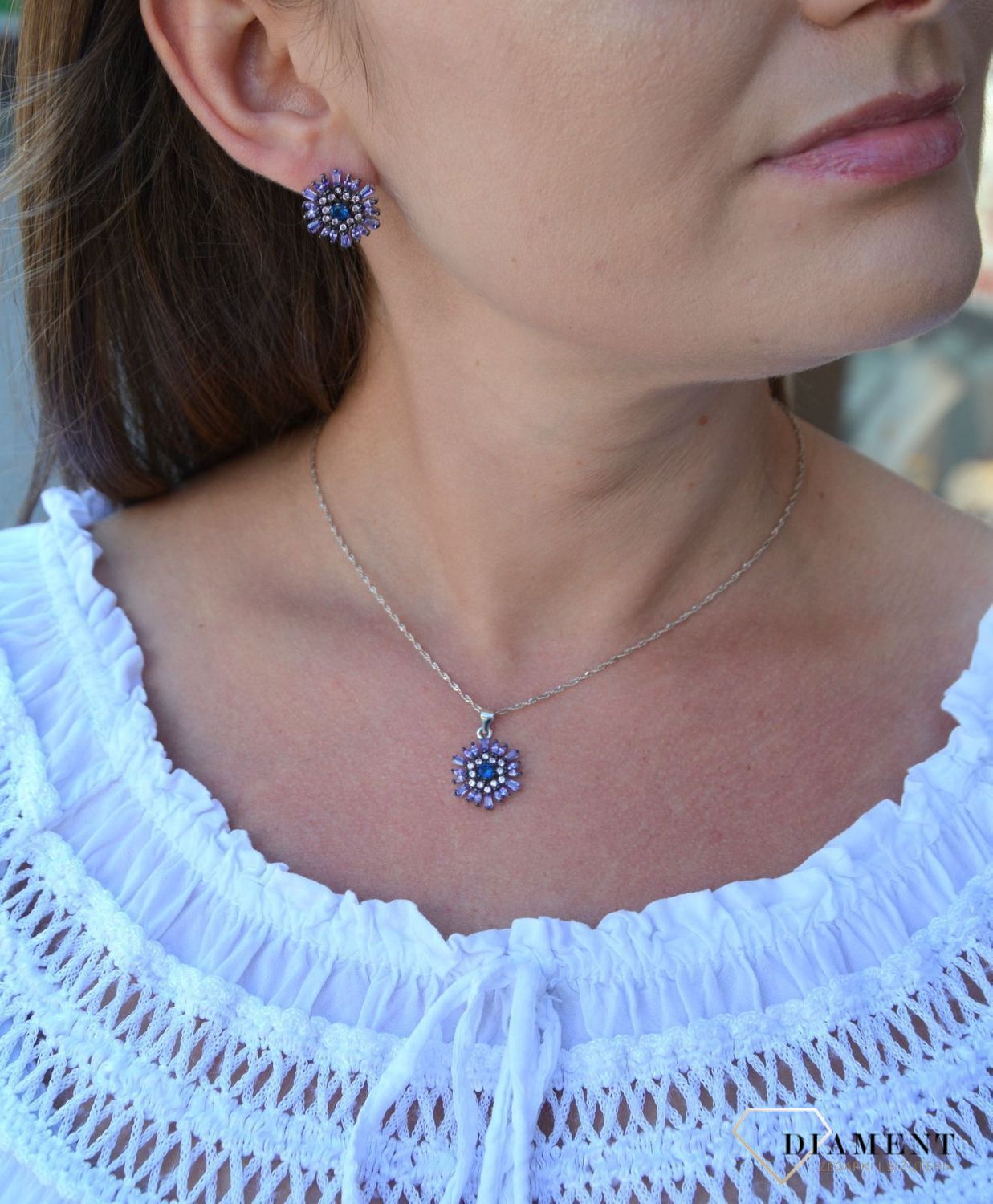 Srebrne wiszące kolczyki fioletowe kwiatki DIA-KLC-3109-925.jpg