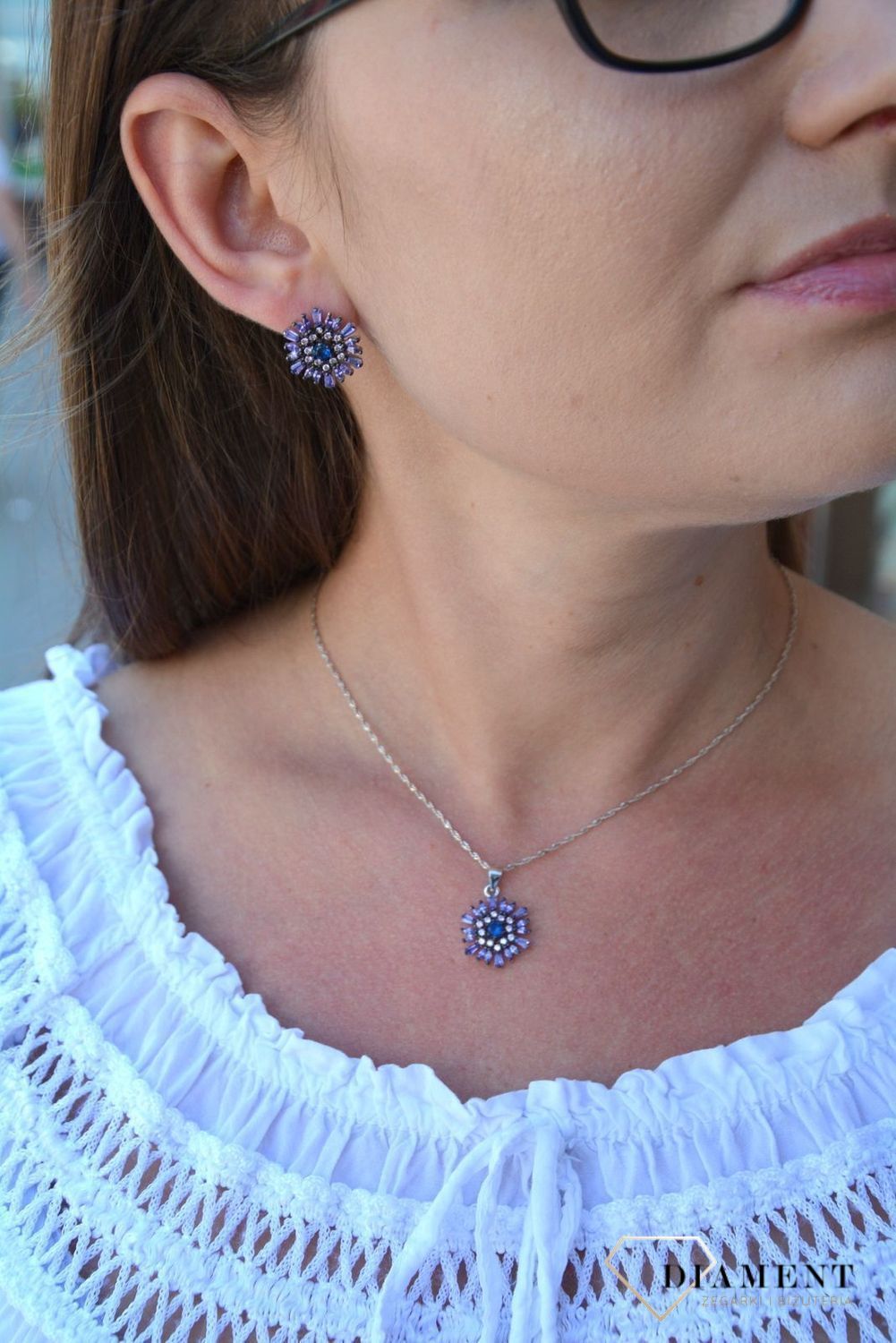 Srebrne wiszące kolczyki fioletowe kwiatki DIA-KLC-3109-925.jpg