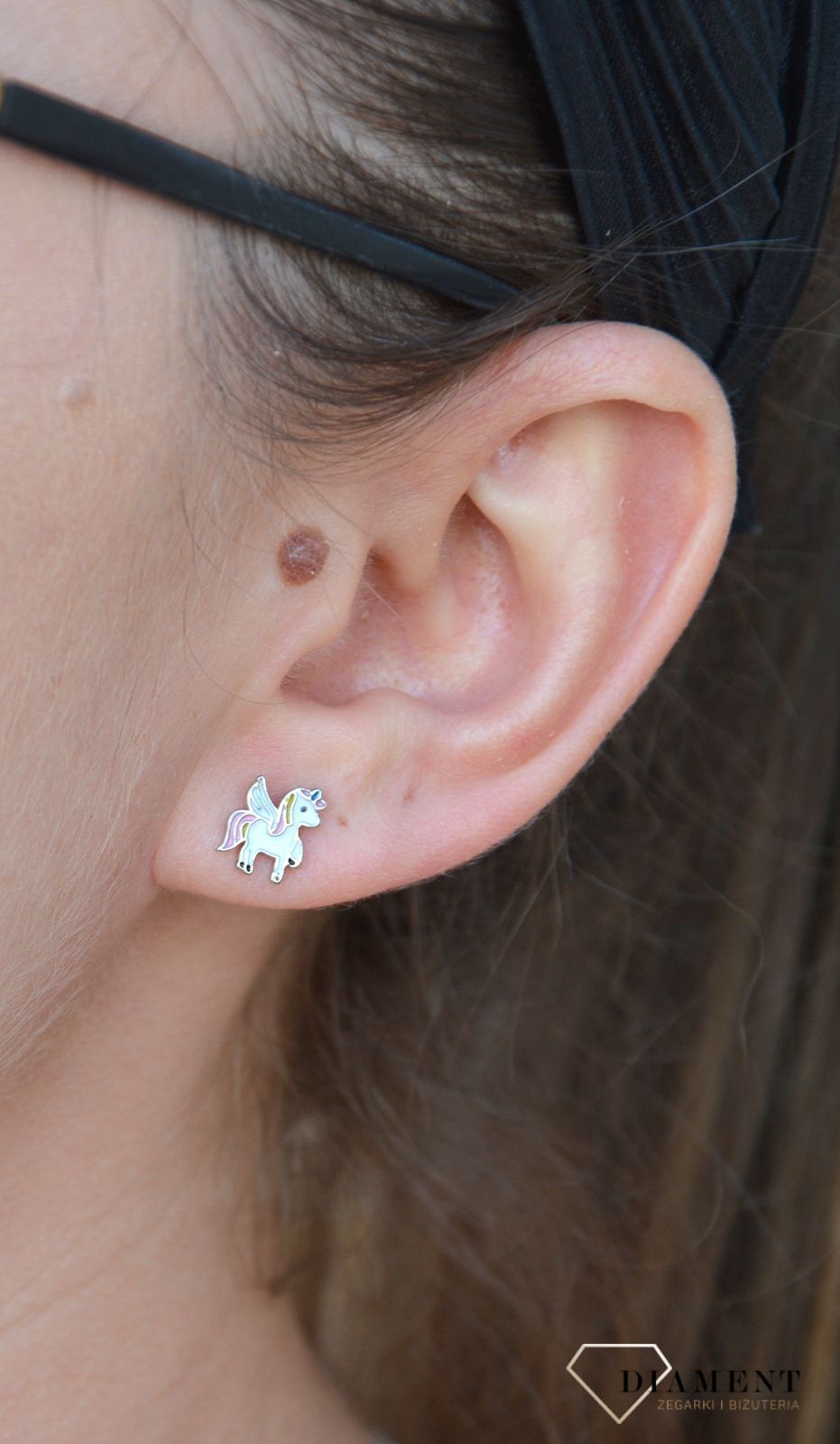 Srebrne kolczyki dla dziewczynki jednorożec DIA-KLC-3508-925.jpg