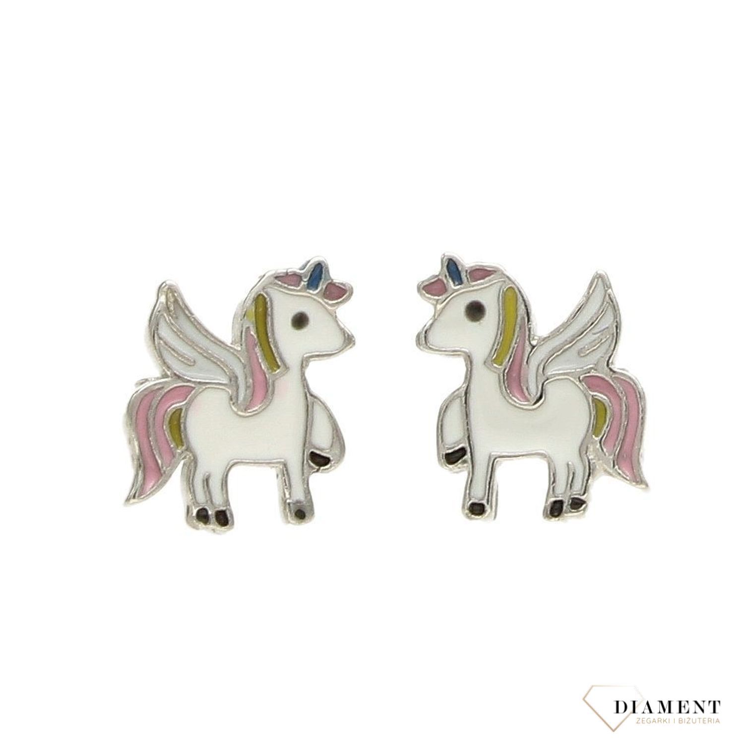 Srebrne kolczyki dla dziewczynki jednorożec DIA-KLC-3508-925.jpg