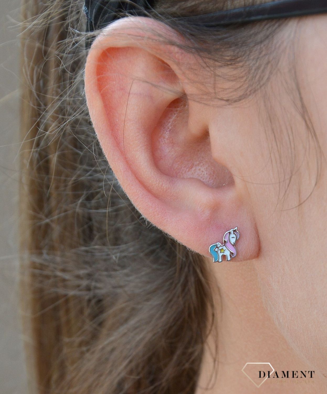 Srebrne kolczyki dla dziewczynki kolorowe jednorożce DIA-KLC-3509-925.jpg