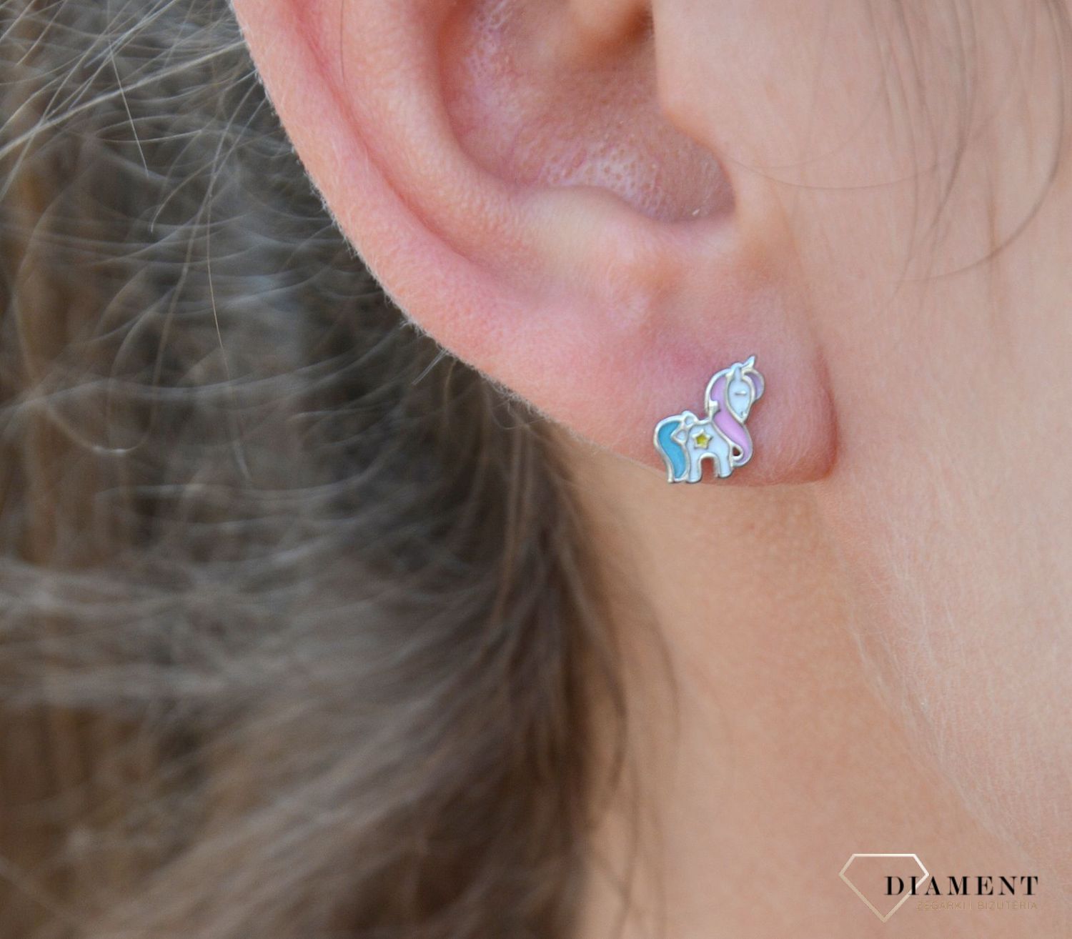 Srebrne kolczyki dla dziewczynki kolorowe jednorożce DIA-KLC-3509-925.jpg