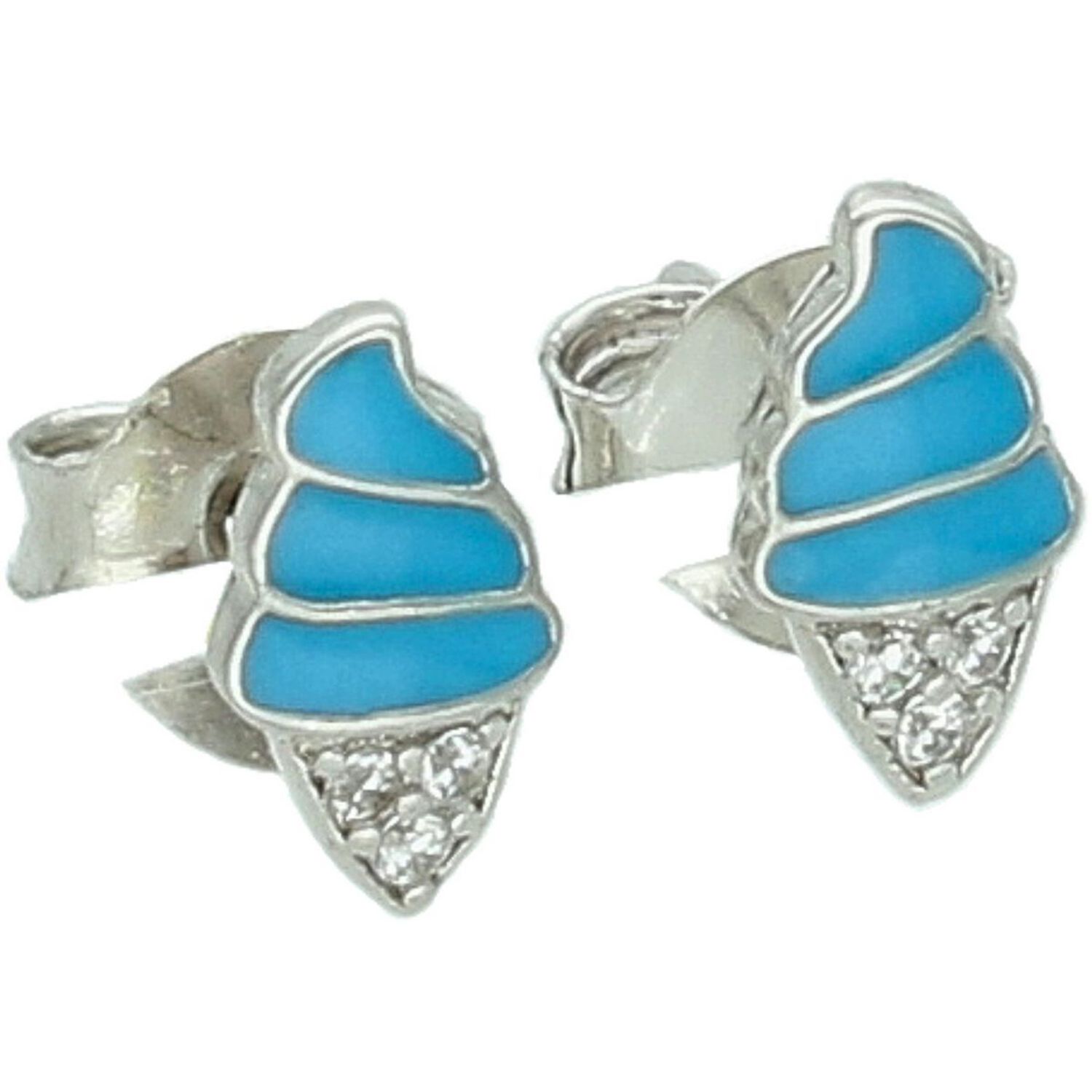 Urocze srebrne kolczyki dla dziewczynki w kształcie kolorowych lodów. Ozdobione cyrkonią i niebieską emalią. Idealny pomysł na prezent – modne, bezpieczne i wyjątkowe.1.jpg