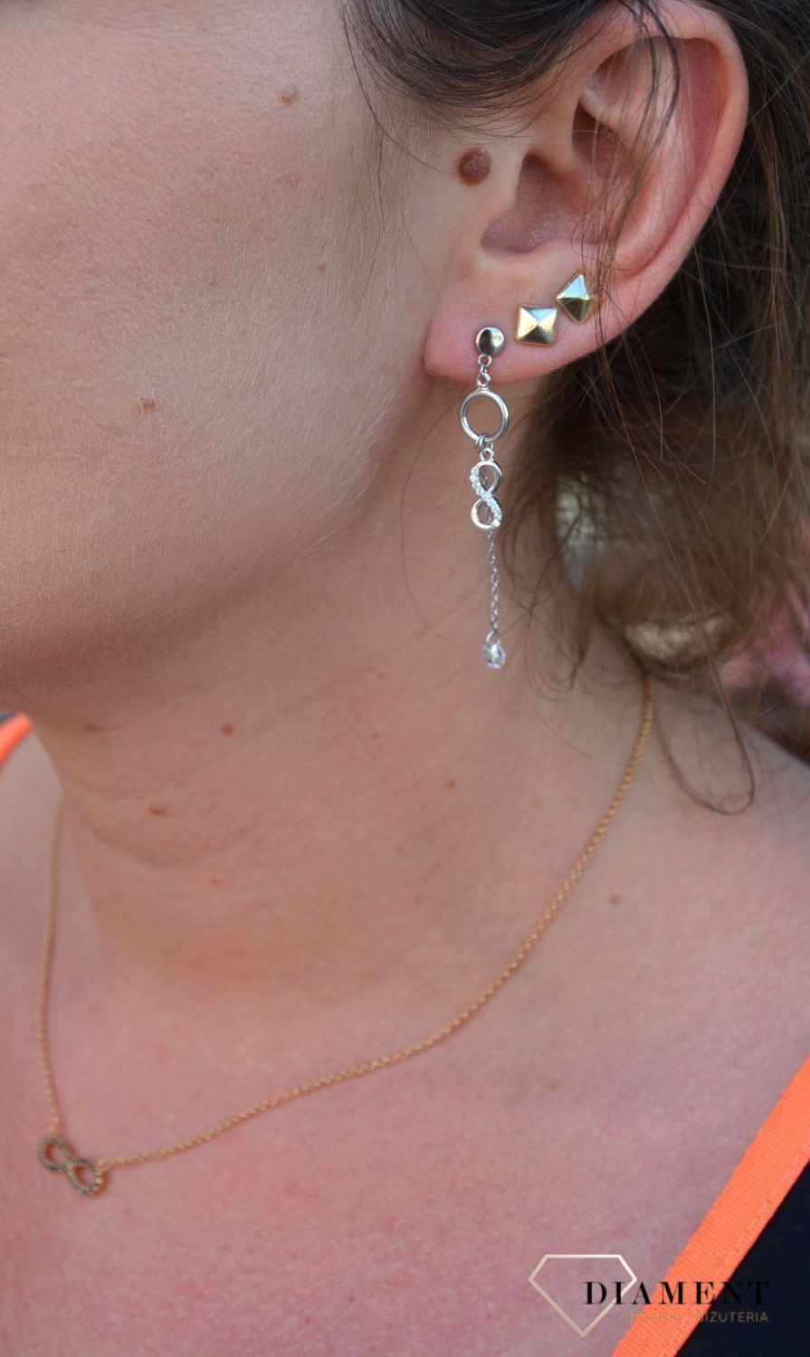 Srebrne kolczyki wiszący łańcuszek z kryształem i znak nieskończoności DIA-KLC-3523-925.jpg