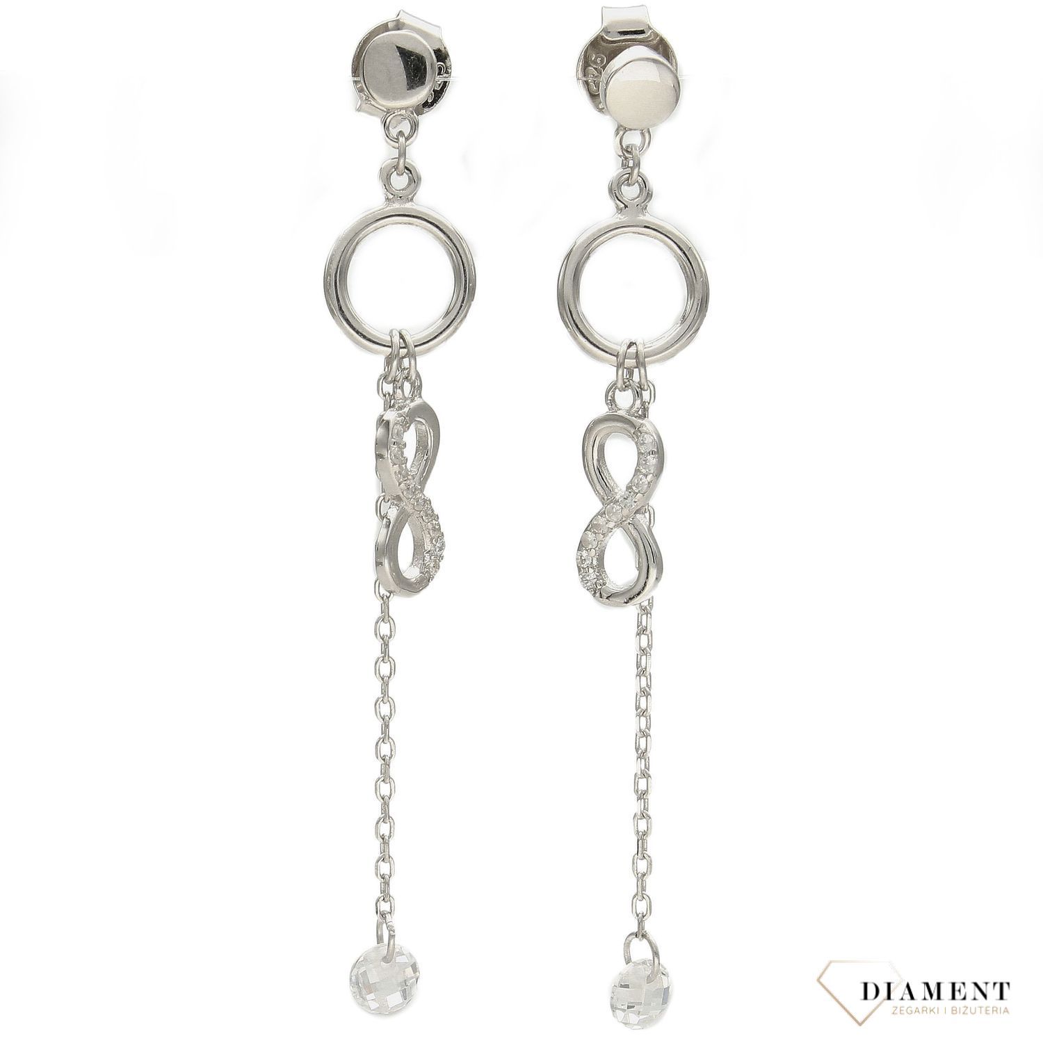 Srebrne kolczyki wiszący łańcuszek z kryształem i znak nieskończoności DIA-KLC-3523-925.jpg