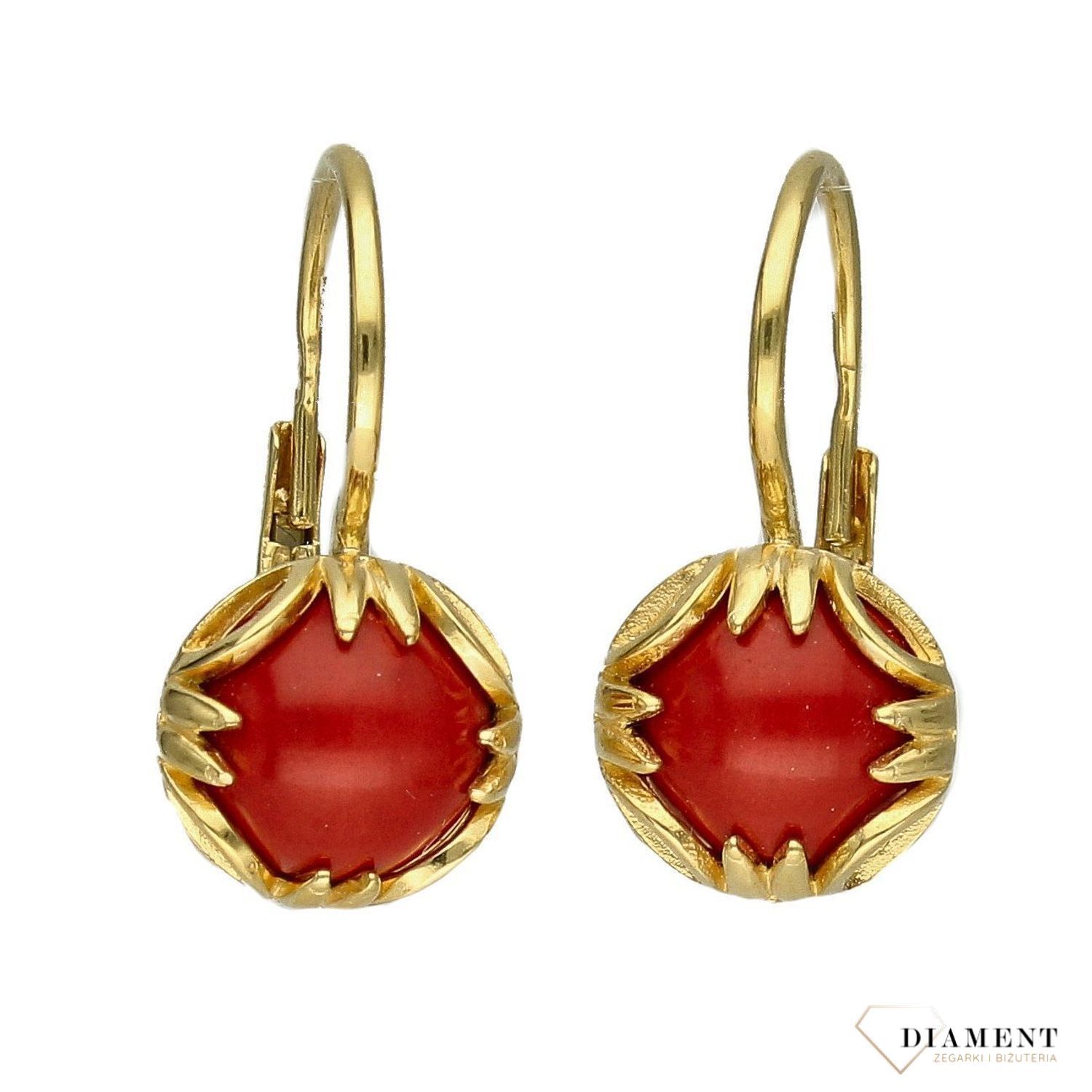 Złote kolczyki 585 wiszące z koralem DIA-KLC-3671-585.jpg