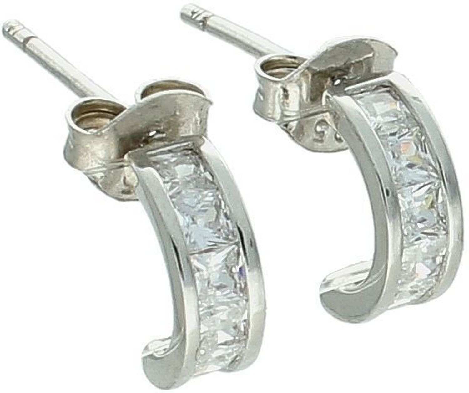 Kolczyki dziecięce DIA-KLC-3809-925 – srebrne półkółka zdobione białymi cyrkoniami. Długość 9 mm, szerokość 3 mm, próba 925, waga 1,00 g. Zapięcie na sztyft.1.jpg