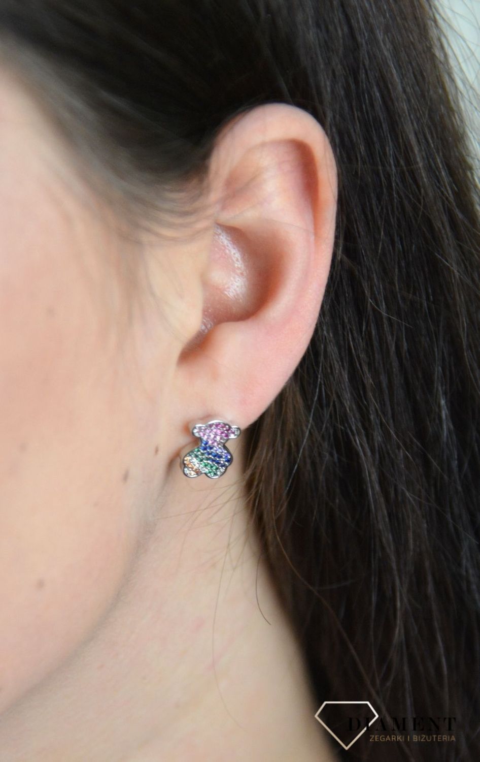 Kolczyki przy uchu zapinane na sztyft w kolorze srebra z kolorowymi cyrkoniami ze stali chirurgicznej DIA-KLC-3852-STAL..jpg