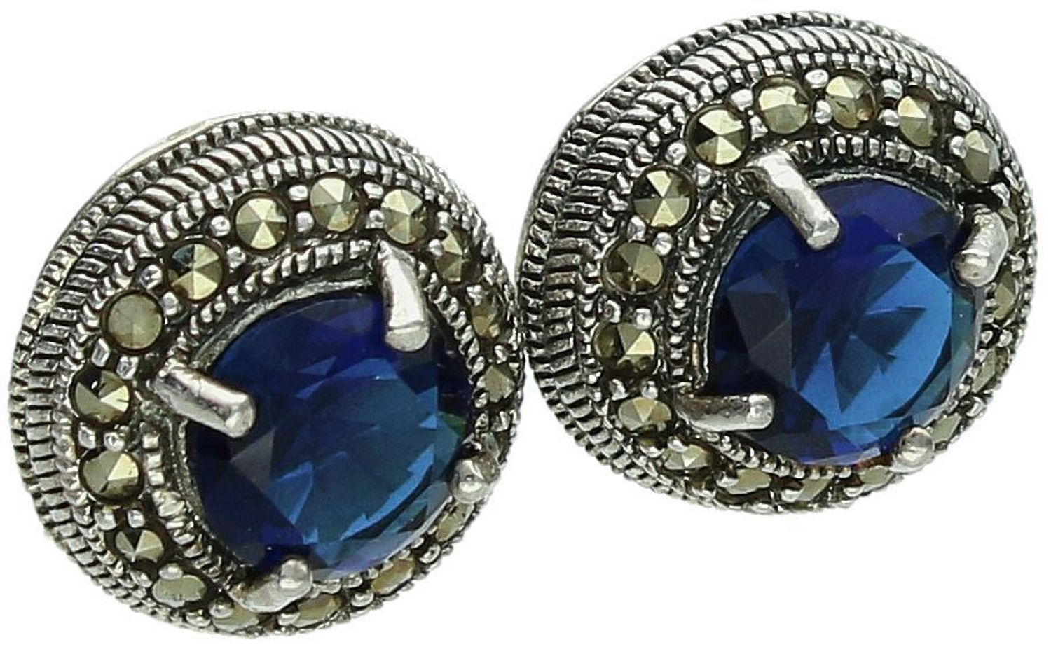Owalne kolczyki srebrne 925 z markazytami i granatowymi cyrkoniami. Zapięcie na sztyft, waga 5,27 g, rozmiar 1,4 × 1,3 cm. Elegancja vintage z nutą koloru.1.jpg