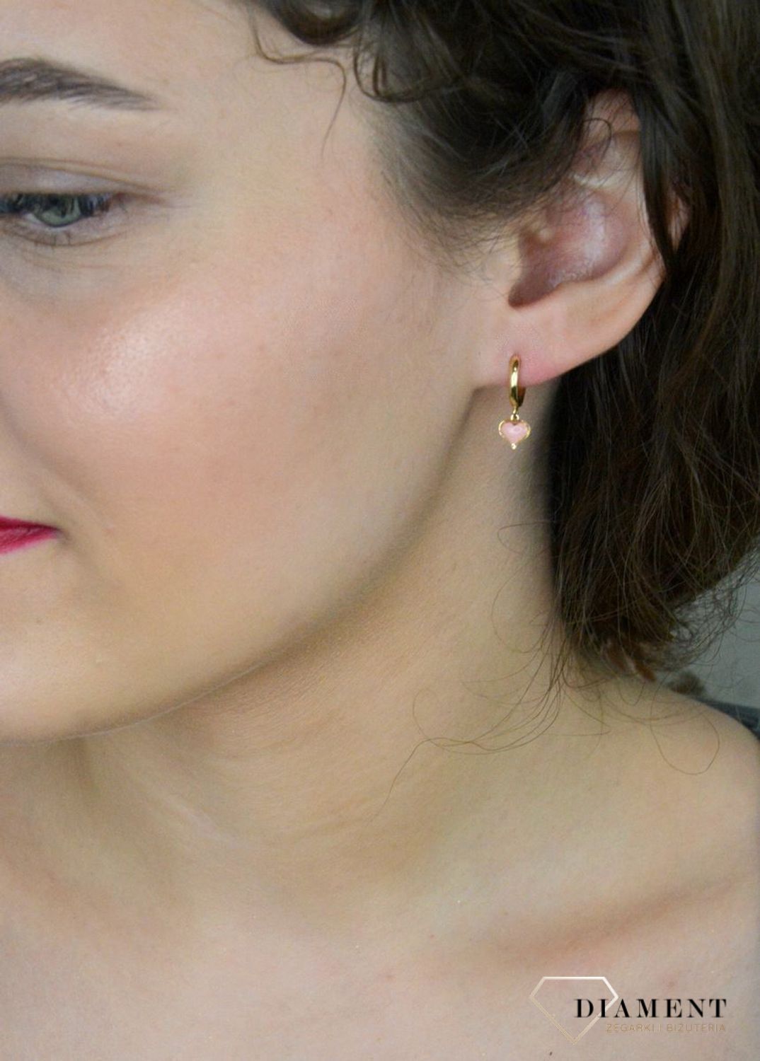 Kolczyki złote kółeczka z wiszącymi różowymi serduszkami pr 585, DIA-KLC-4058-585.jpg