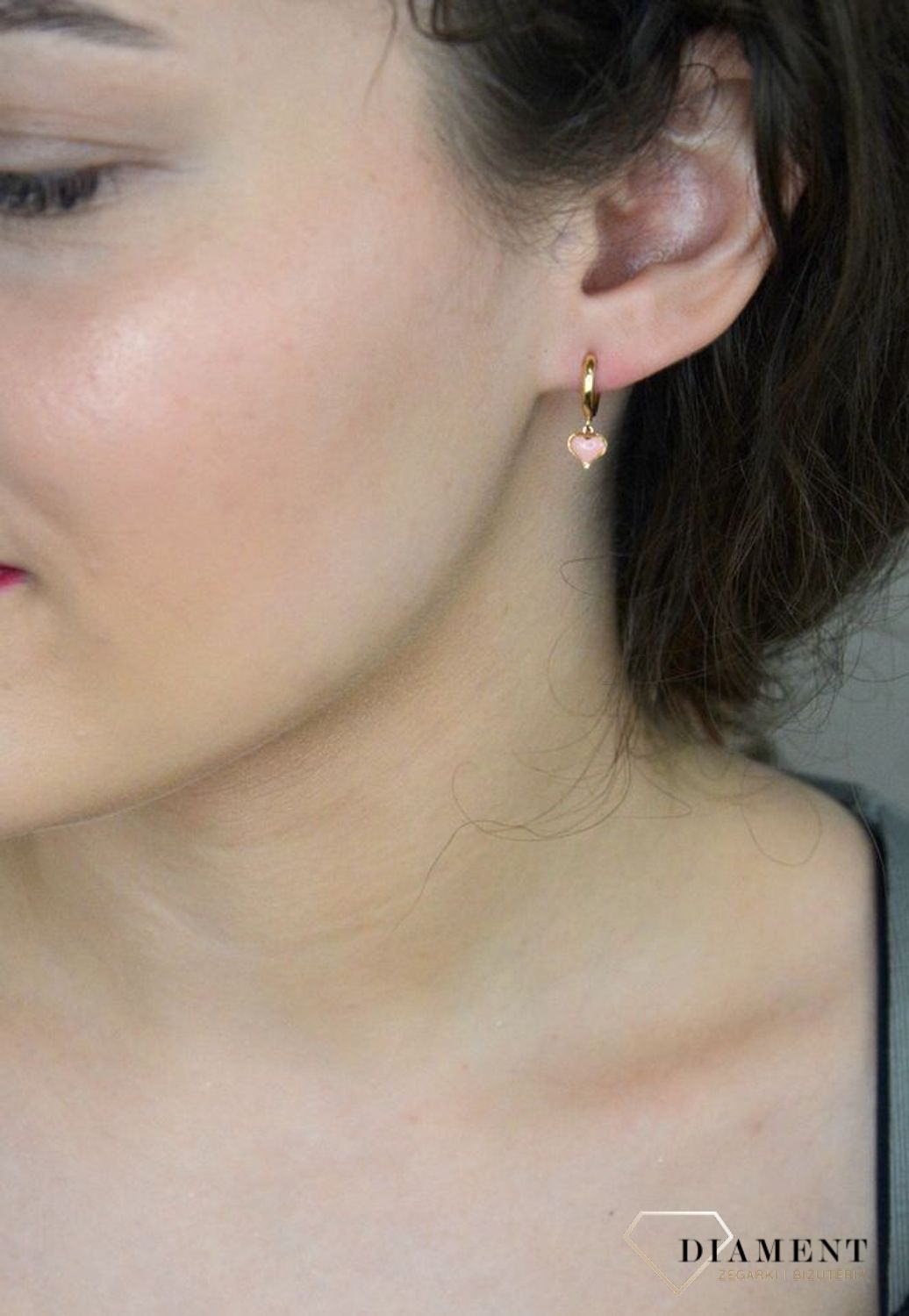 Kolczyki złote kółeczka z wiszącymi różowymi serduszkami pr 585, DIA-KLC-4058-585.jpg