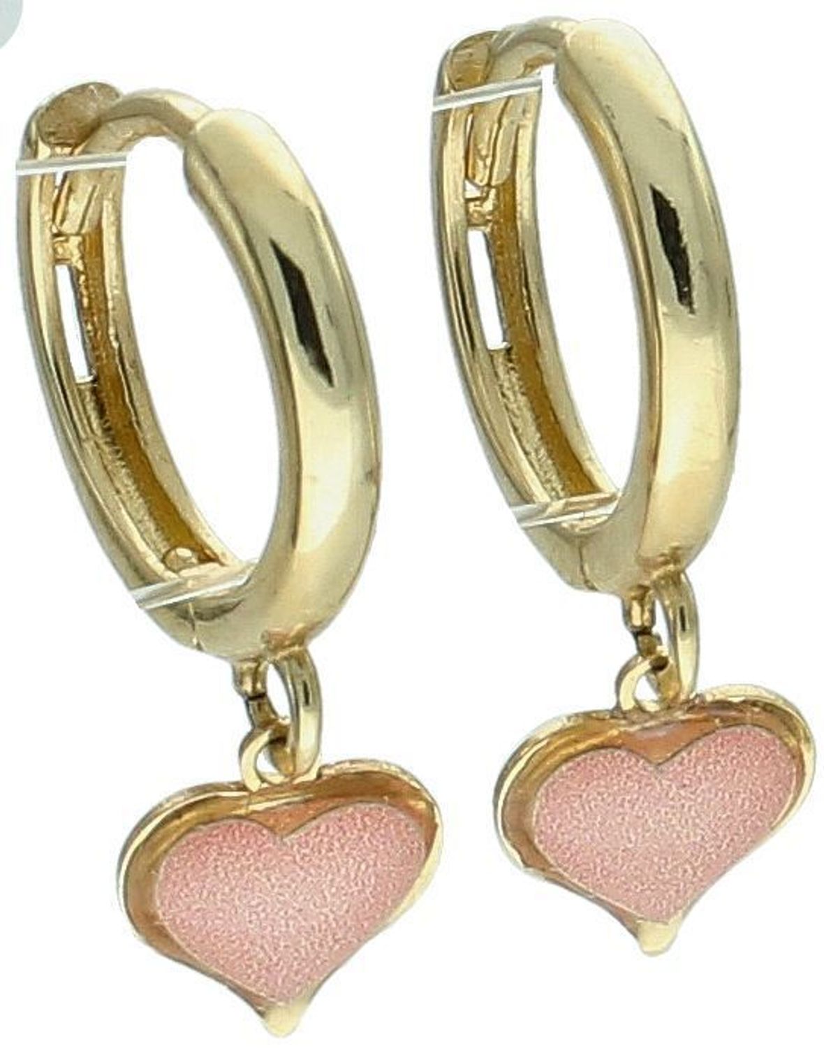 Kolczyki złote kółeczka z wiszącymi różowymi serduszkami pr 585, DIA-KLC-4058-585.jpg