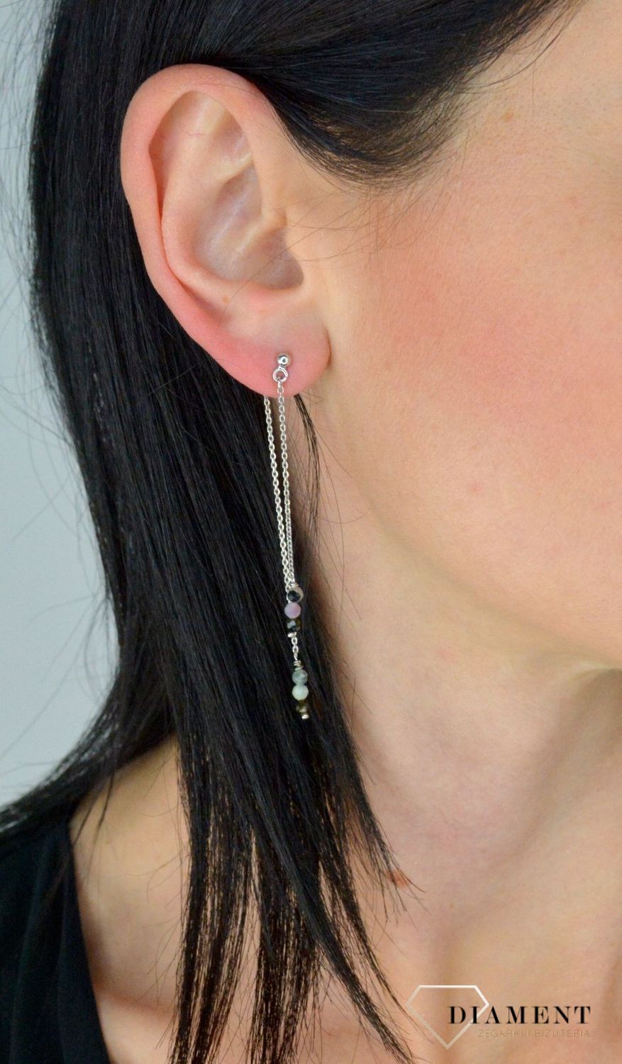 Srebrne kolczyki wiszące łańcuszki zakończone turmalinem DIA-KLC-4060-925.jpg