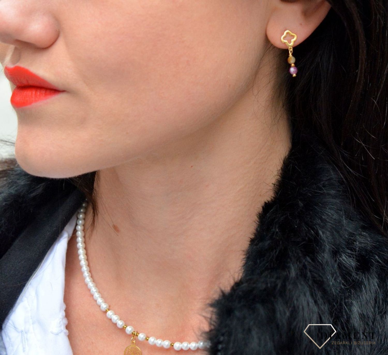 Srebrne kolczyki pozłacane koniczynka z kamieniem naturalnym turmalin DIA-KLC-4061-925.jpg