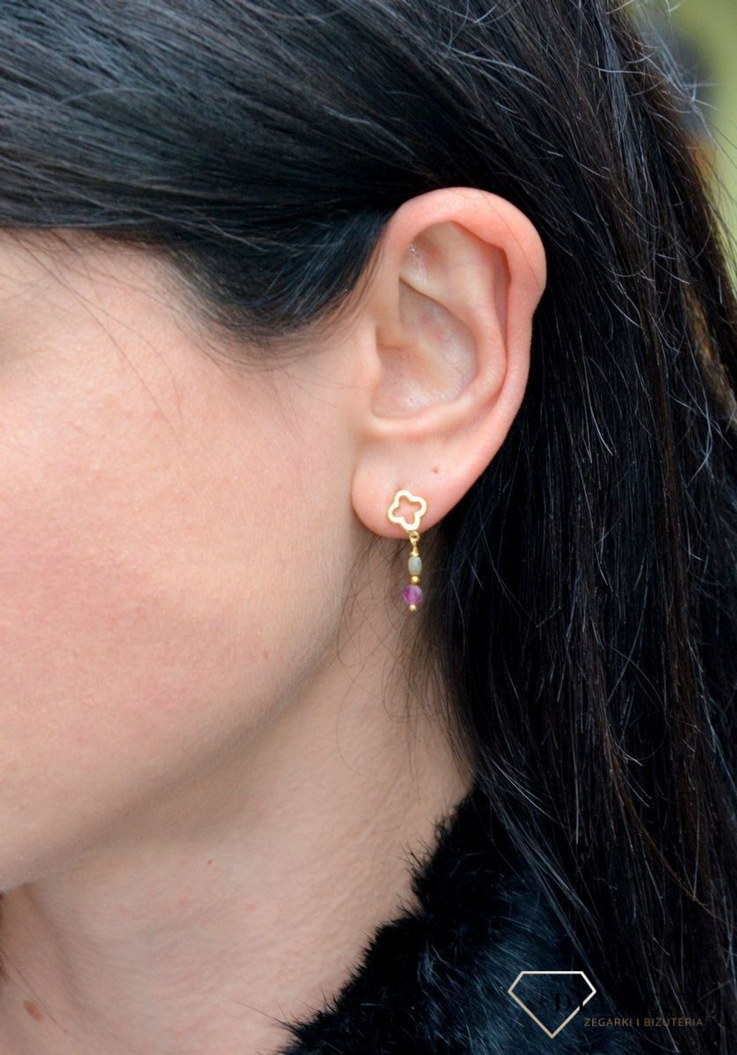 Srebrne kolczyki pozłacane koniczynka z kamieniem naturalnym turmalin DIA-KLC-4061-925.jpg