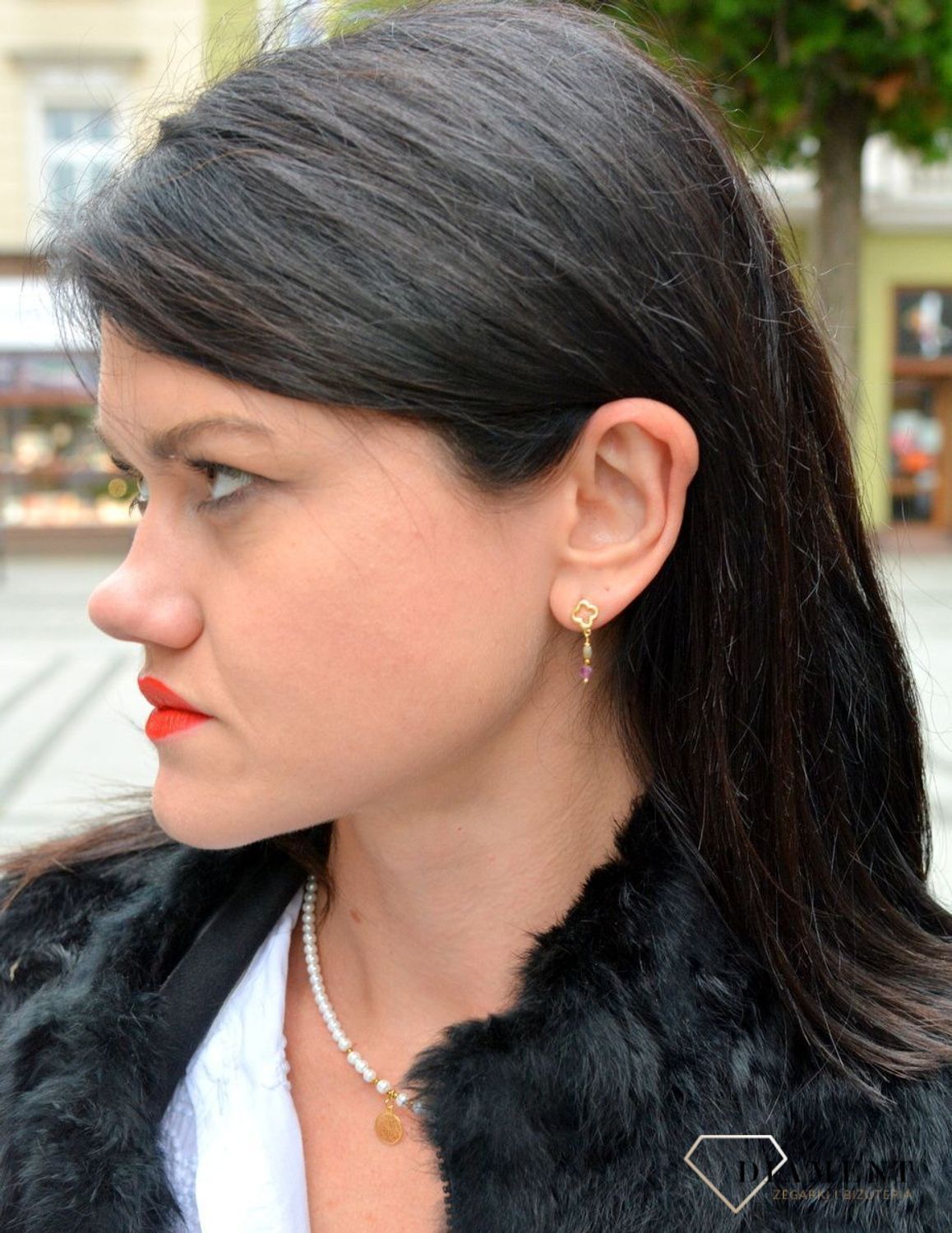 Srebrne kolczyki pozłacane koniczynka z kamieniem naturalnym turmalin DIA-KLC-4061-925.jpg