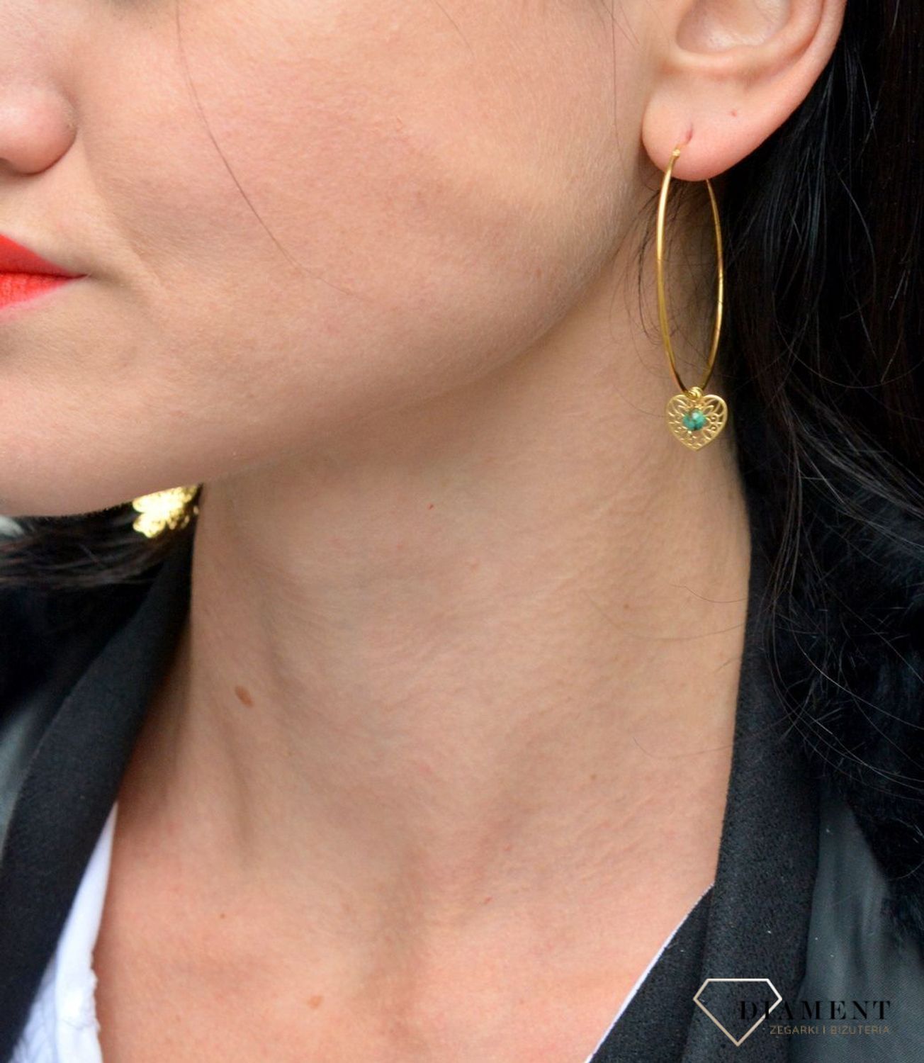 Kolczyki srebrne pozłacane koła 'Ażurowe serce z malachitem' DIA-KLC-4075-925.jpg