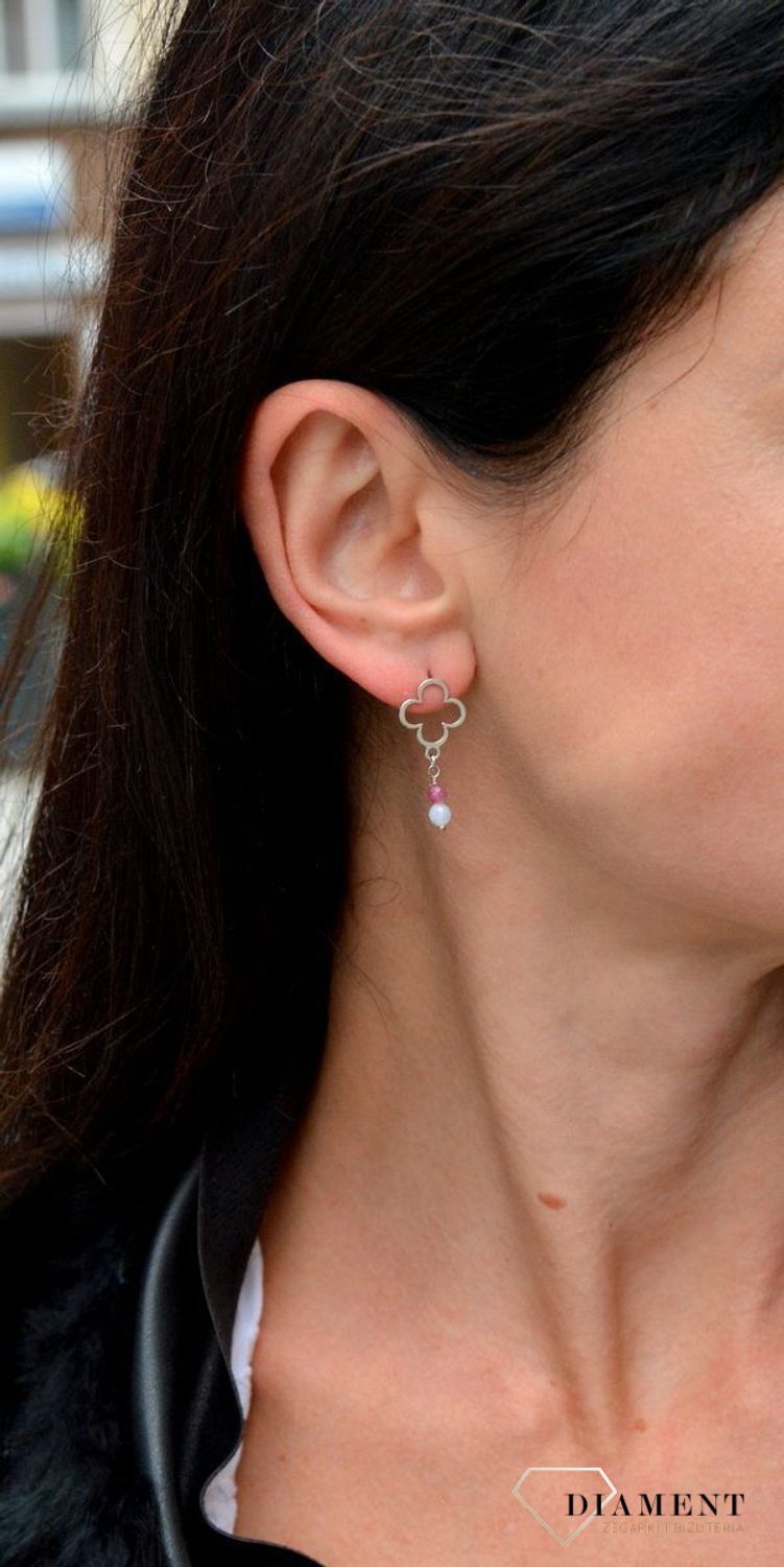 Srebrne kolczyki koniczynki z kamieniami naturalnymi chalcedon, turmalin DIA-KLC-4081-925.jpg