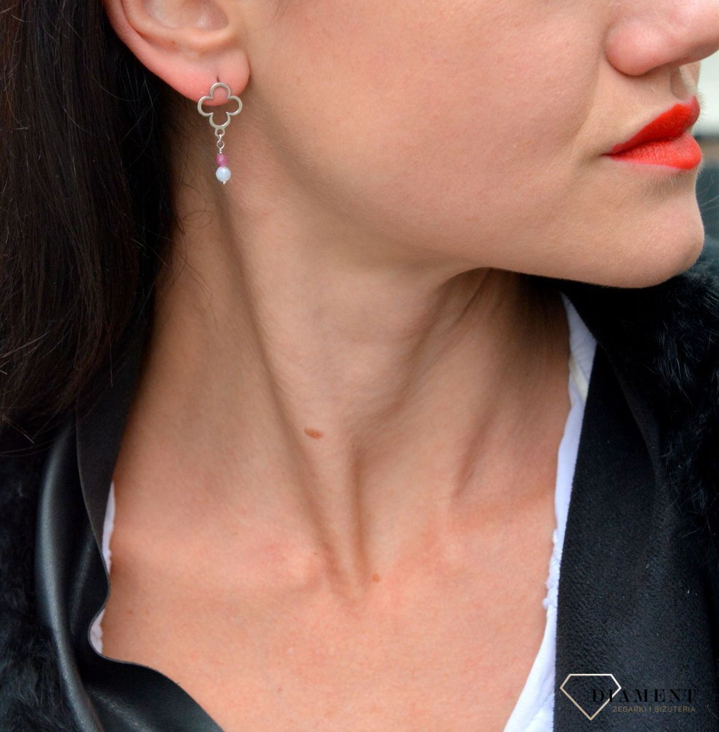 Srebrne kolczyki koniczynki z kamieniami naturalnymi chalcedon, turmalin DIA-KLC-4081-925.jpg