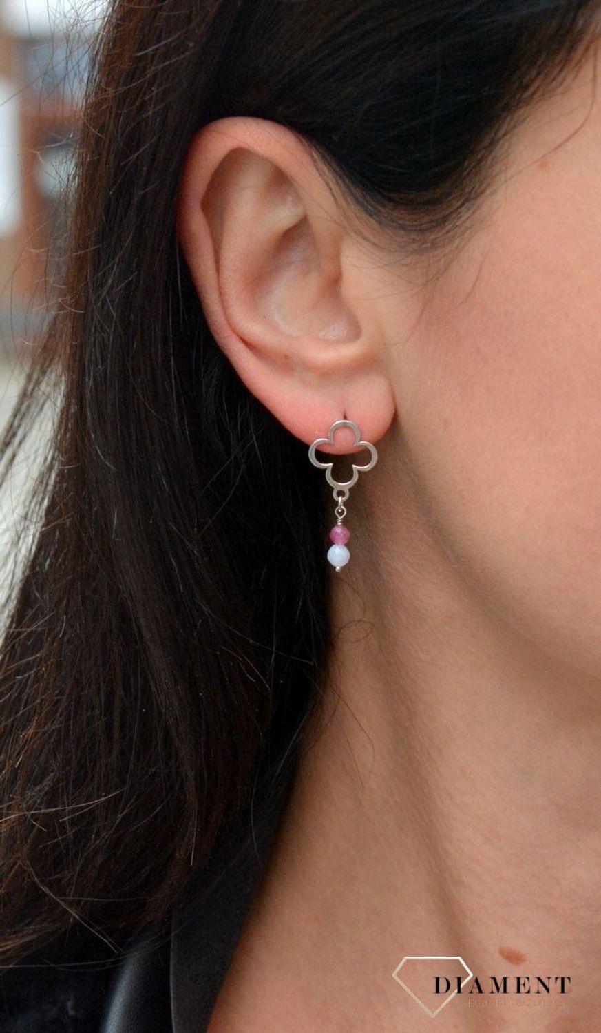 Srebrne kolczyki koniczynki z kamieniami naturalnymi chalcedon, turmalin DIA-KLC-4081-925.jpg