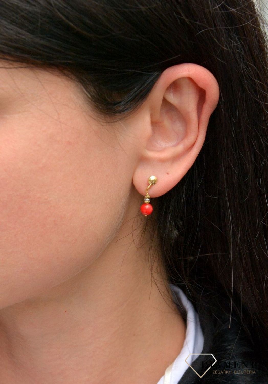 Srebrne kolczyki pozłacane z kamieniami naturalnymi koral, hematyt DIA-KLC-4089-925.jpg