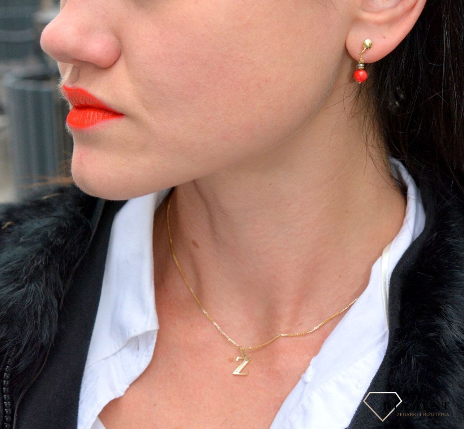 Srebrne kolczyki pozłacane z kamieniami naturalnymi koral, hematyt DIA-KLC-4089-925.jpg