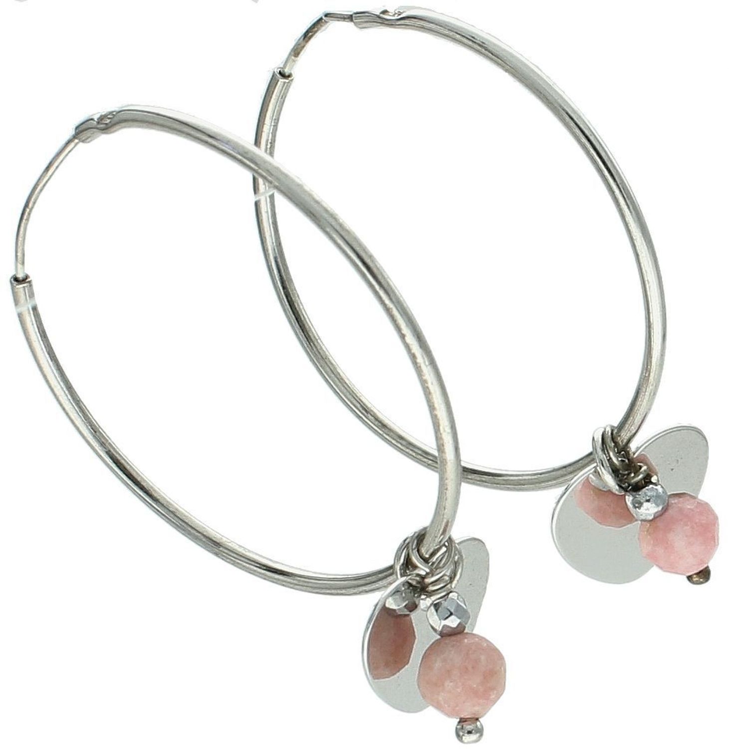 Srebrne kolczyki okrągłe z wiszącym serduszkiem i kamieniami rodonit oraz hematyt. Próba 925, waga 1,80 g, długość 2,5 cm. Model DIA-KLC-2.jpg