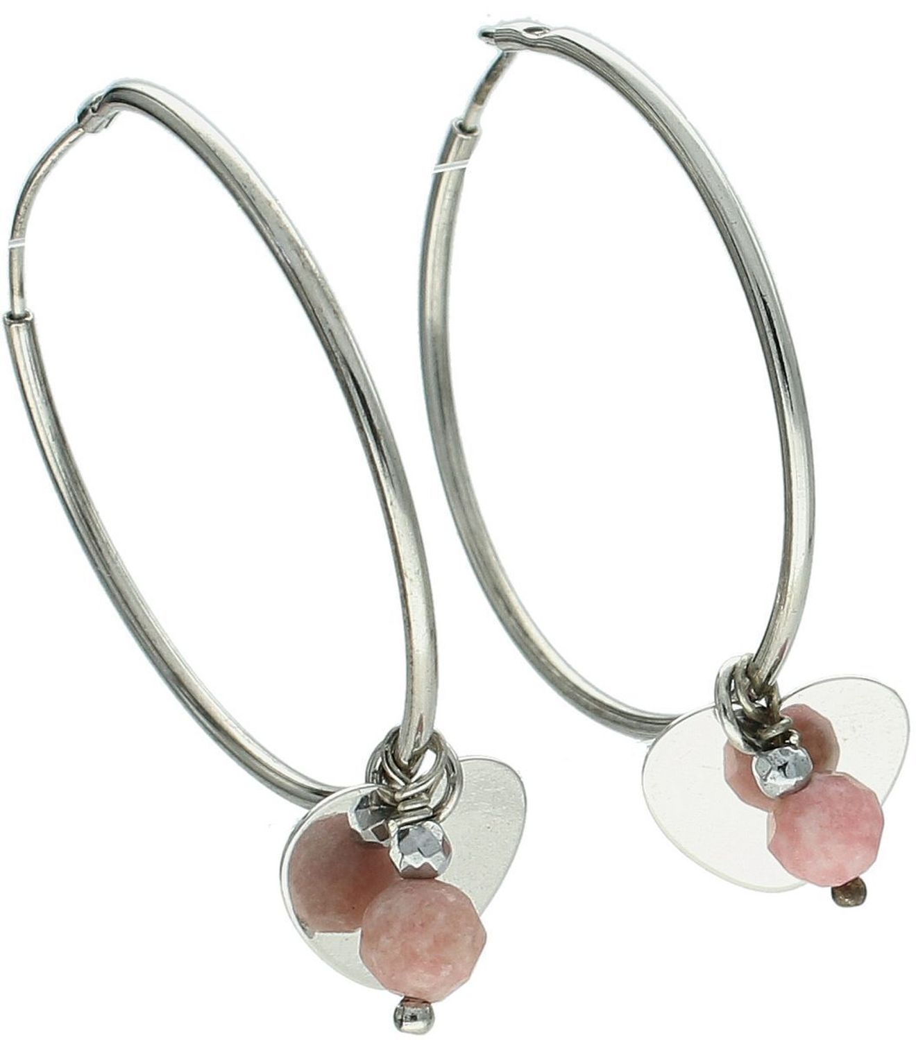Srebrne kolczyki okrągłe z wiszącym serduszkiem i kamieniami rodonit oraz hematyt. Próba 925, waga 1,80 g, długość 2,5 cm. Model DIA-KLC-2.jpg