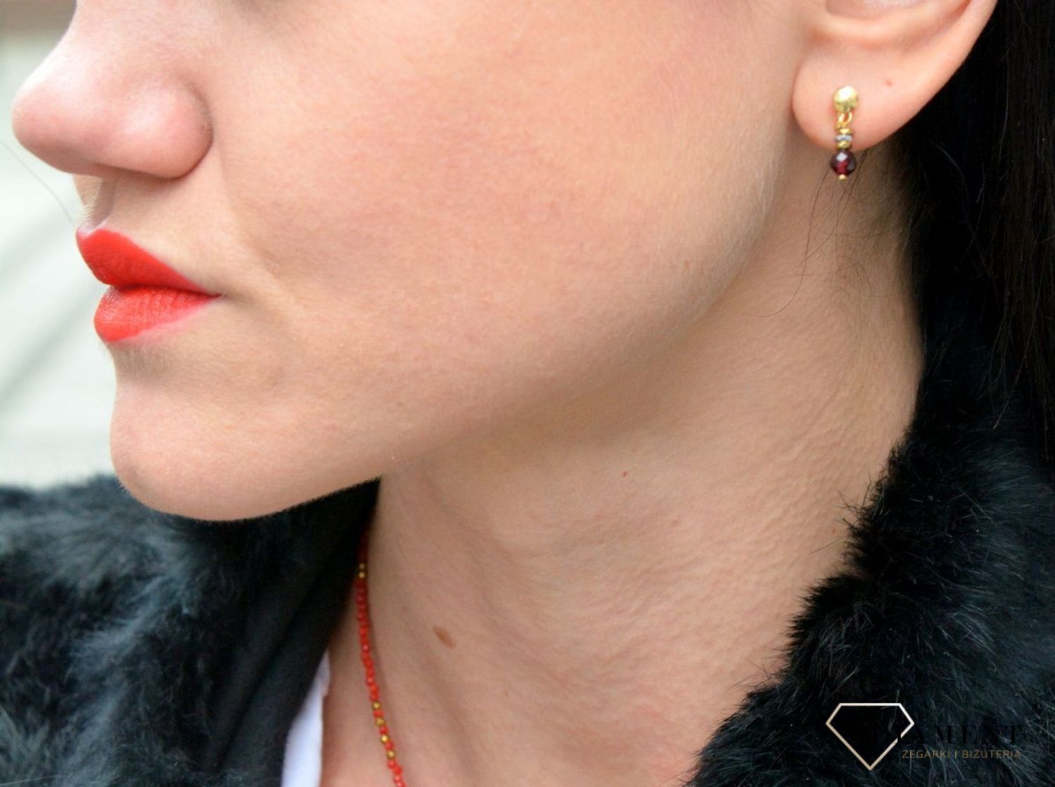 Srebrne kolczyki pozłacane z kamieniami naturalnymi granat i hematyt tytanowy DIA-KLC-4092-925.jpg