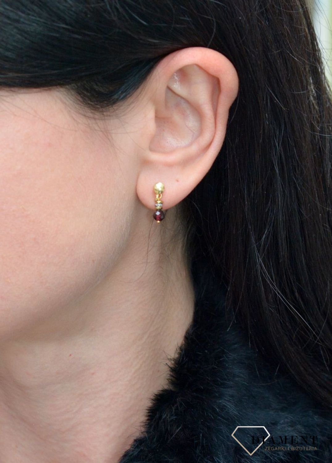 Srebrne kolczyki pozłacane z kamieniami naturalnymi granat i hematyt tytanowy DIA-KLC-4092-925.jpg