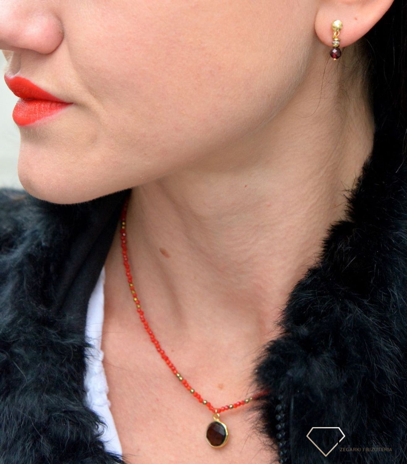 Srebrne kolczyki pozłacane z kamieniami naturalnymi granat i hematyt tytanowy DIA-KLC-4092-925.jpg