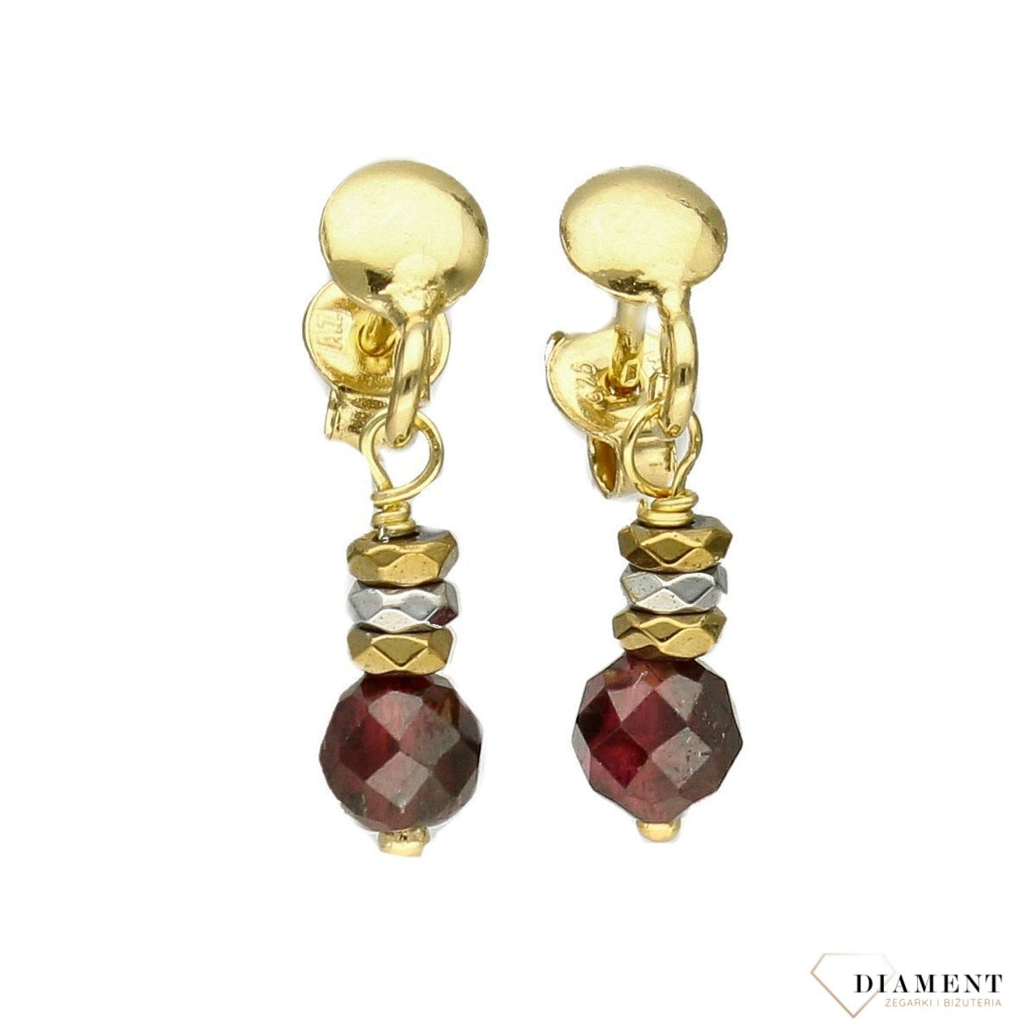 Srebrne kolczyki pozłacane z kamieniami naturalnymi granat i hematyt tytanowy DIA-KLC-4092-925.jpg