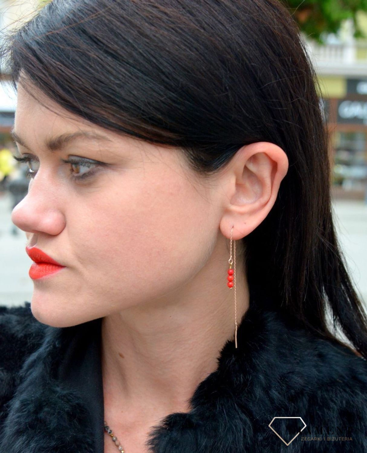 Srebrne kolczyki przeciągane pozłacane z koralem DIA-KLC-4094-925.jpg