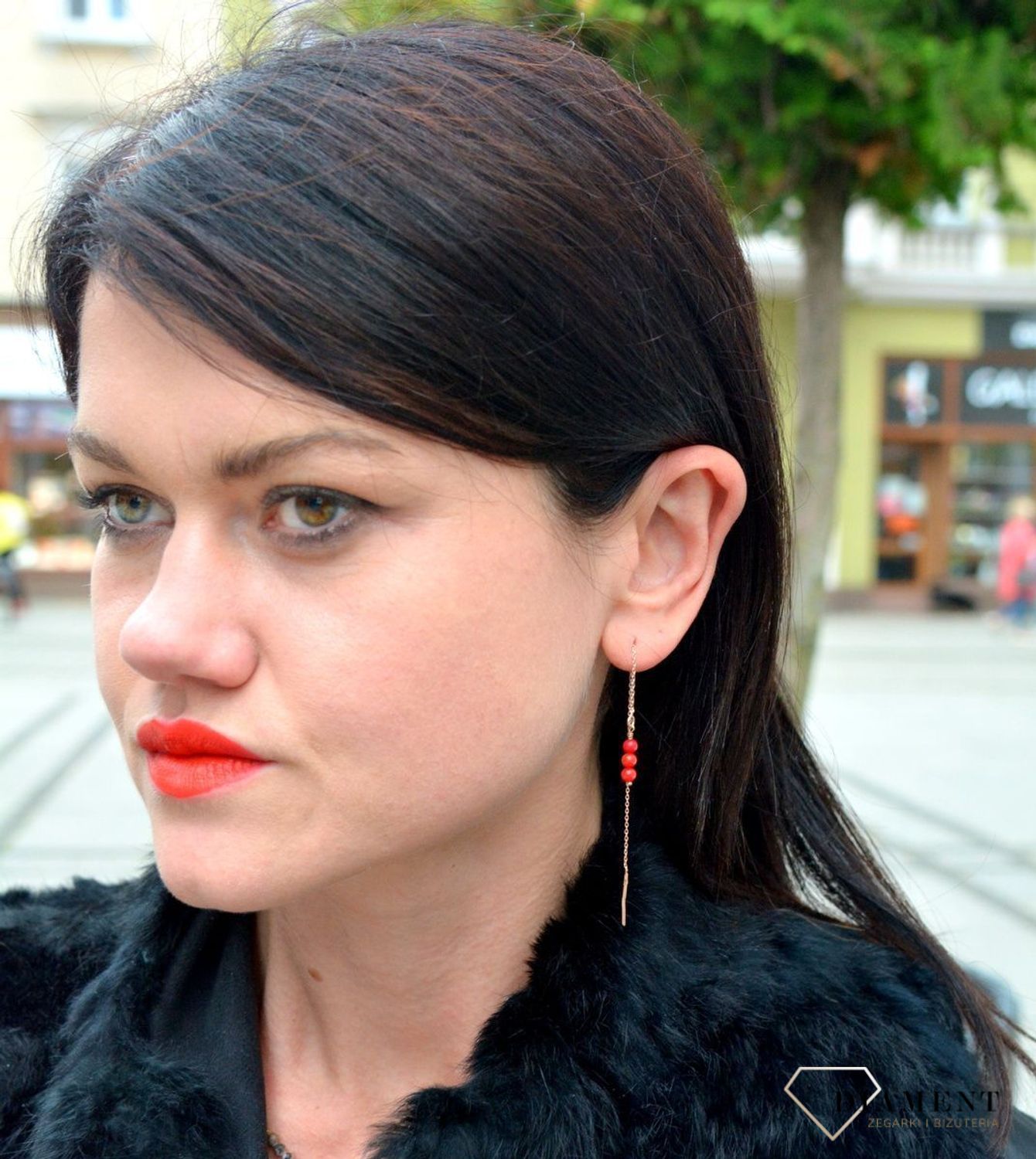 Srebrne kolczyki przeciągane pozłacane z koralem DIA-KLC-4094-925.jpg