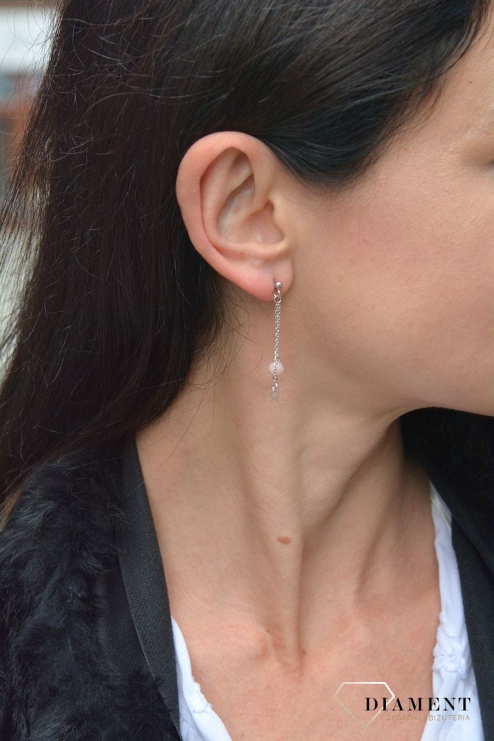 Srebrne kolczyki wiszące łańcuszki zakończone gwiazdką i opalem różowym DIA-KLC-4095-925.jpg
