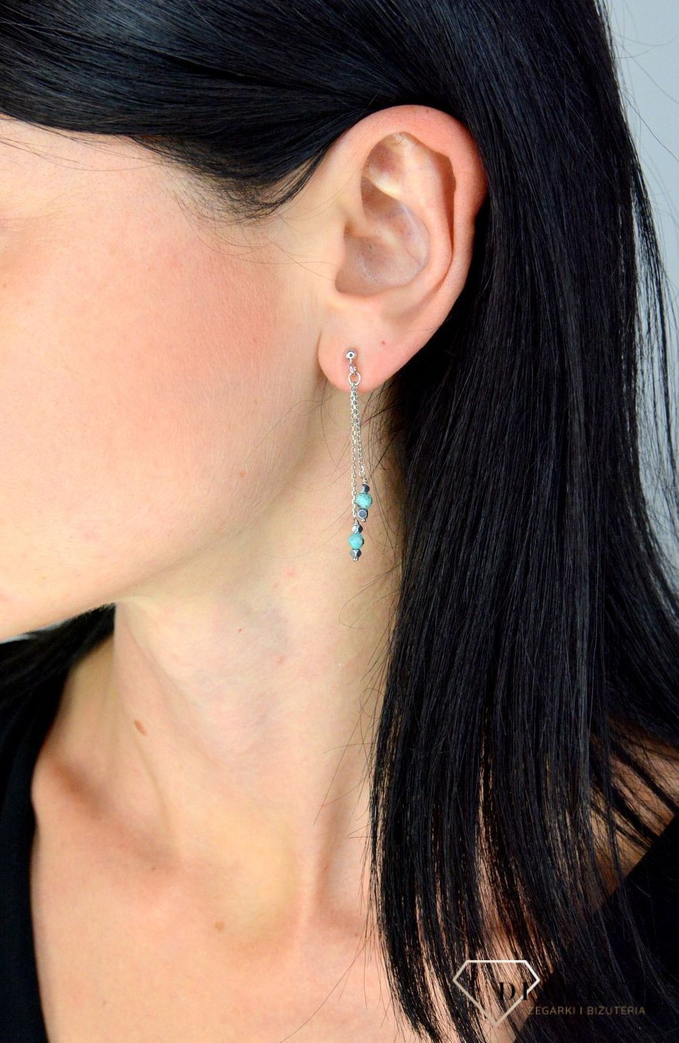 Srebrne kolczyki wiszące łańcuszki zakończone turkusem, hematytem DIA-KLC-4096-925.jpg