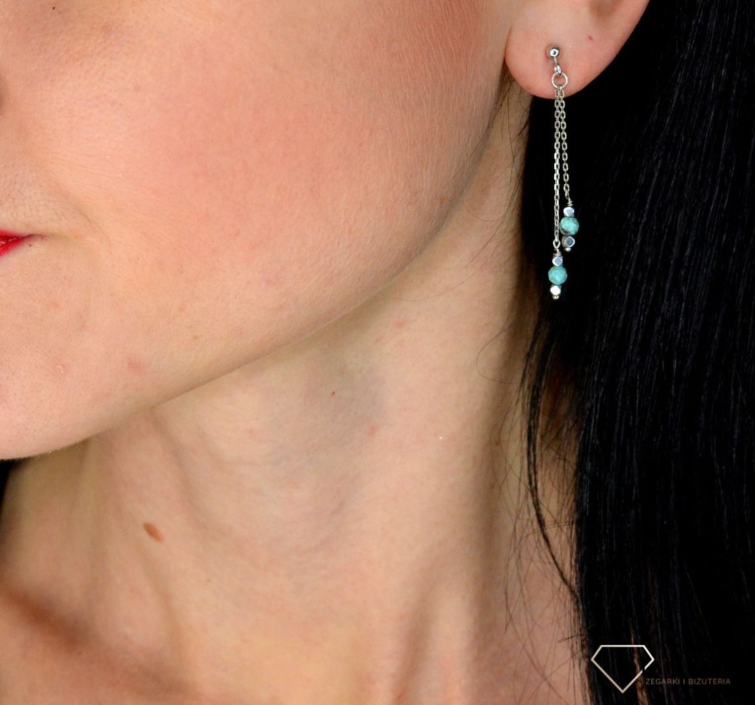 Srebrne kolczyki wiszące łańcuszki zakończone turkusem, hematytem DIA-KLC-4096-925.jpg