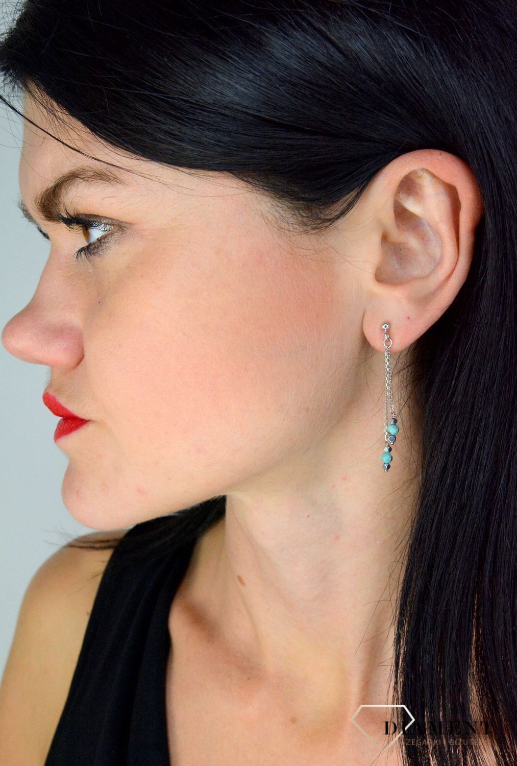 Srebrne kolczyki wiszące łańcuszki zakończone turkusem, hematytem DIA-KLC-4096-925.jpg