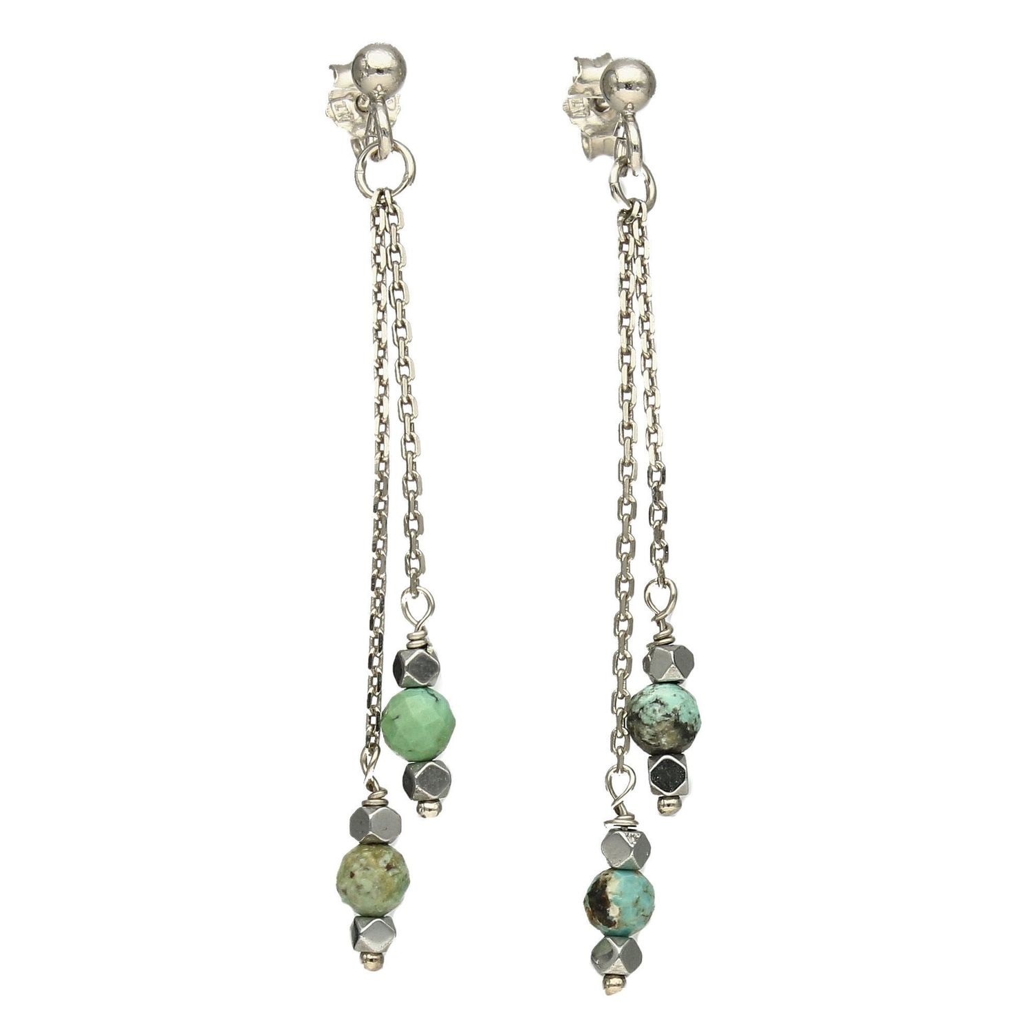 Srebrne kolczyki wiszące łańcuszki zakończone turkusem, hematytem DIA-KLC-4096-925.jpg