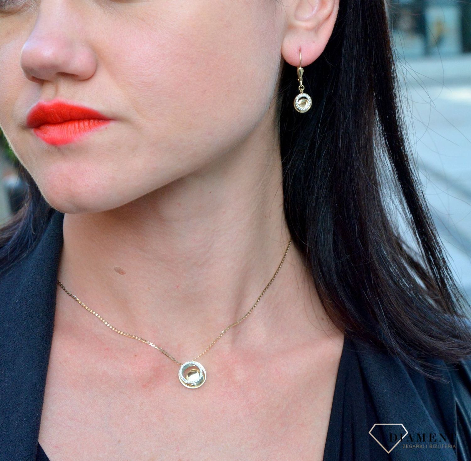 Złote kolczyki wiszące kółka z błyszczącą cyrkonią DIA-KLC-4160-585.jpg